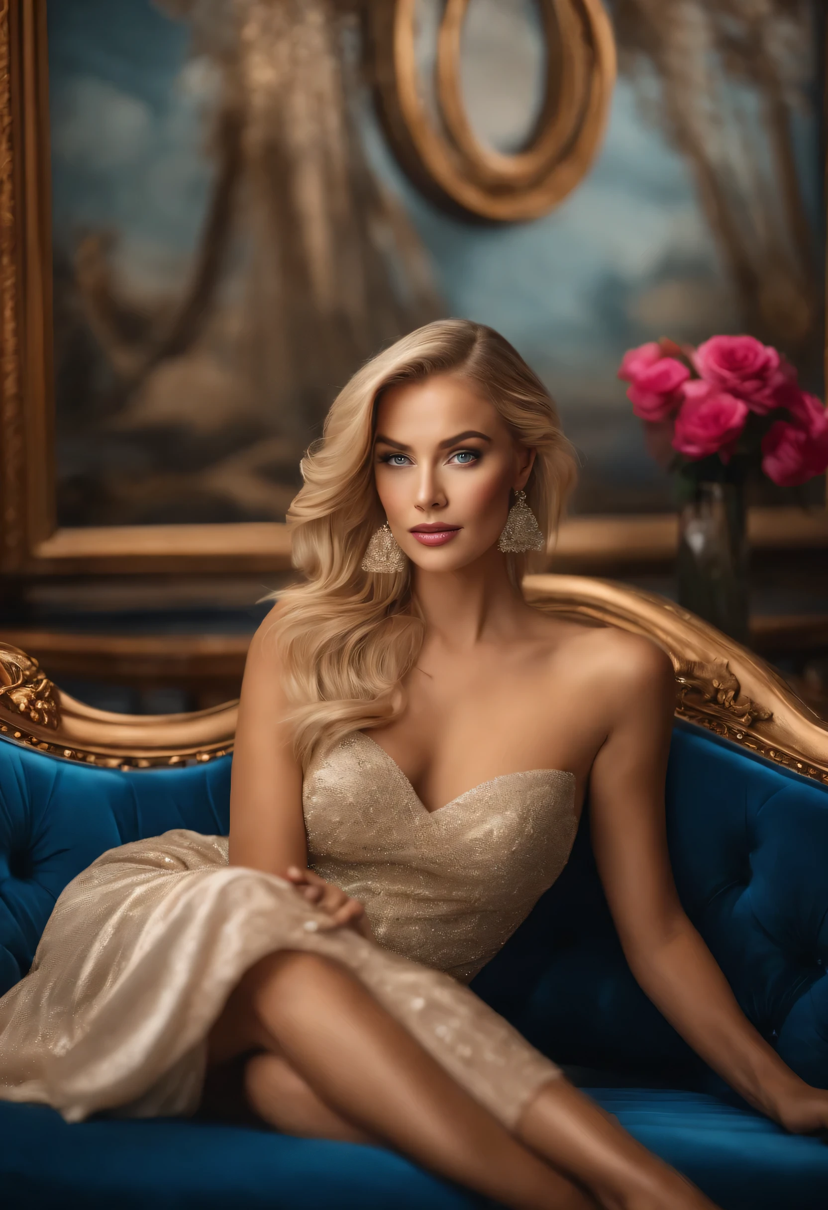 An artistic photo capturing the blonde influencer lounging on a luxurious sofa, surrounded by opulent décor, her radiant smile and sparkling blue eyes drawing viewers into her world of sophistication and glamour.