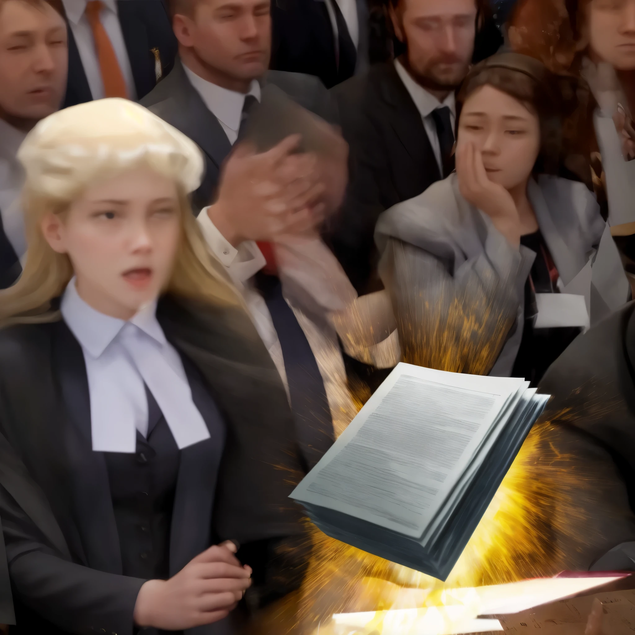 light explosion propels papers as female lawyer waves hands