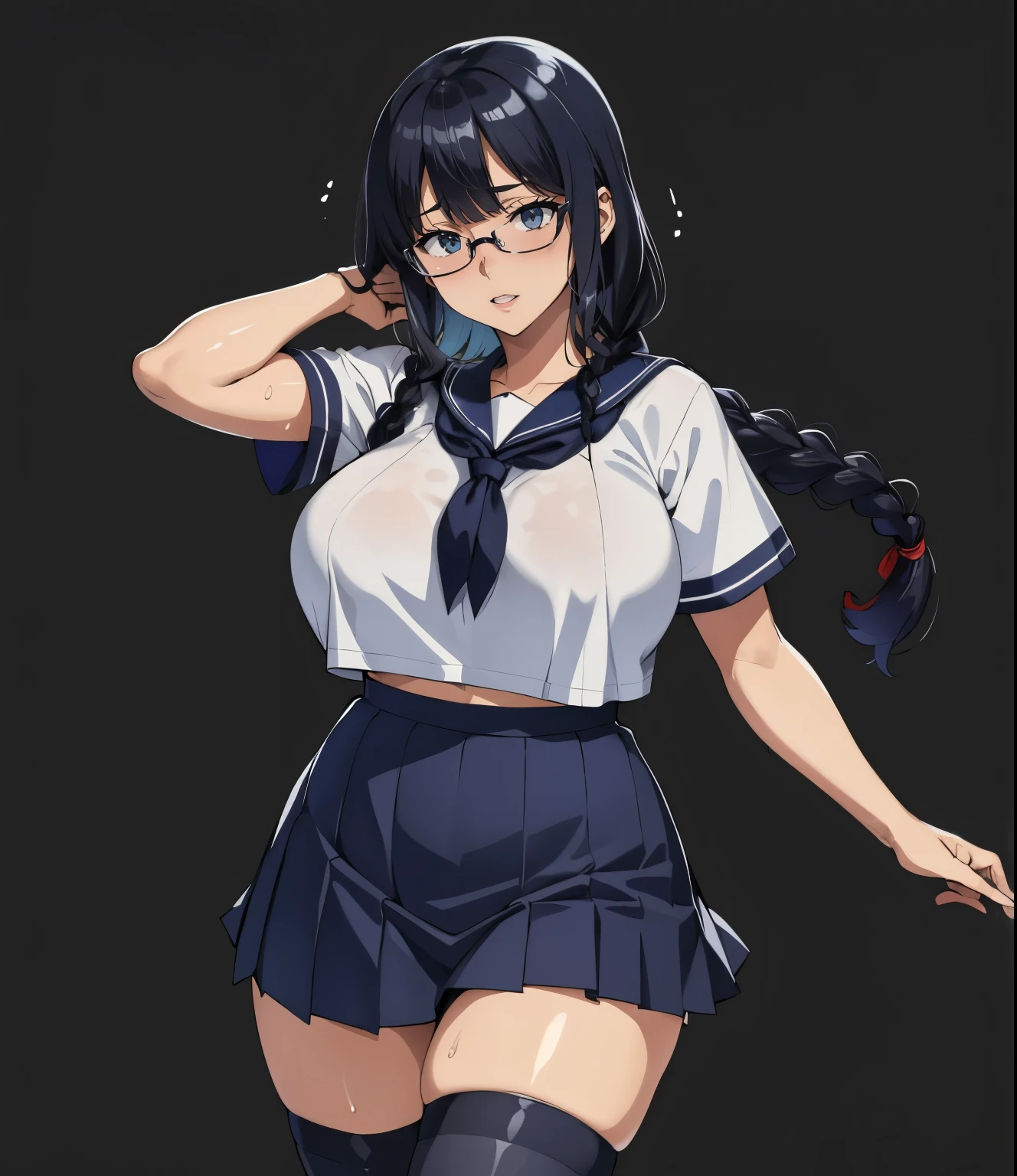 front、(hands behind)、(black background)、Super detailed illustrations、Super precise expression、masterpiece、highest quality、ultra High resolution、High resolution、Support your chest with your arms、(big breasts、Sweat、body fluid、shiny skin:1.25)、(black hair、long hair、Braid、Glasses、Patsun bangs)、(embarrassed look)、Standing picture、(short sleeve sailor suit, navy blue mini pleated skirt,knee socks ), (Mommyfy)、