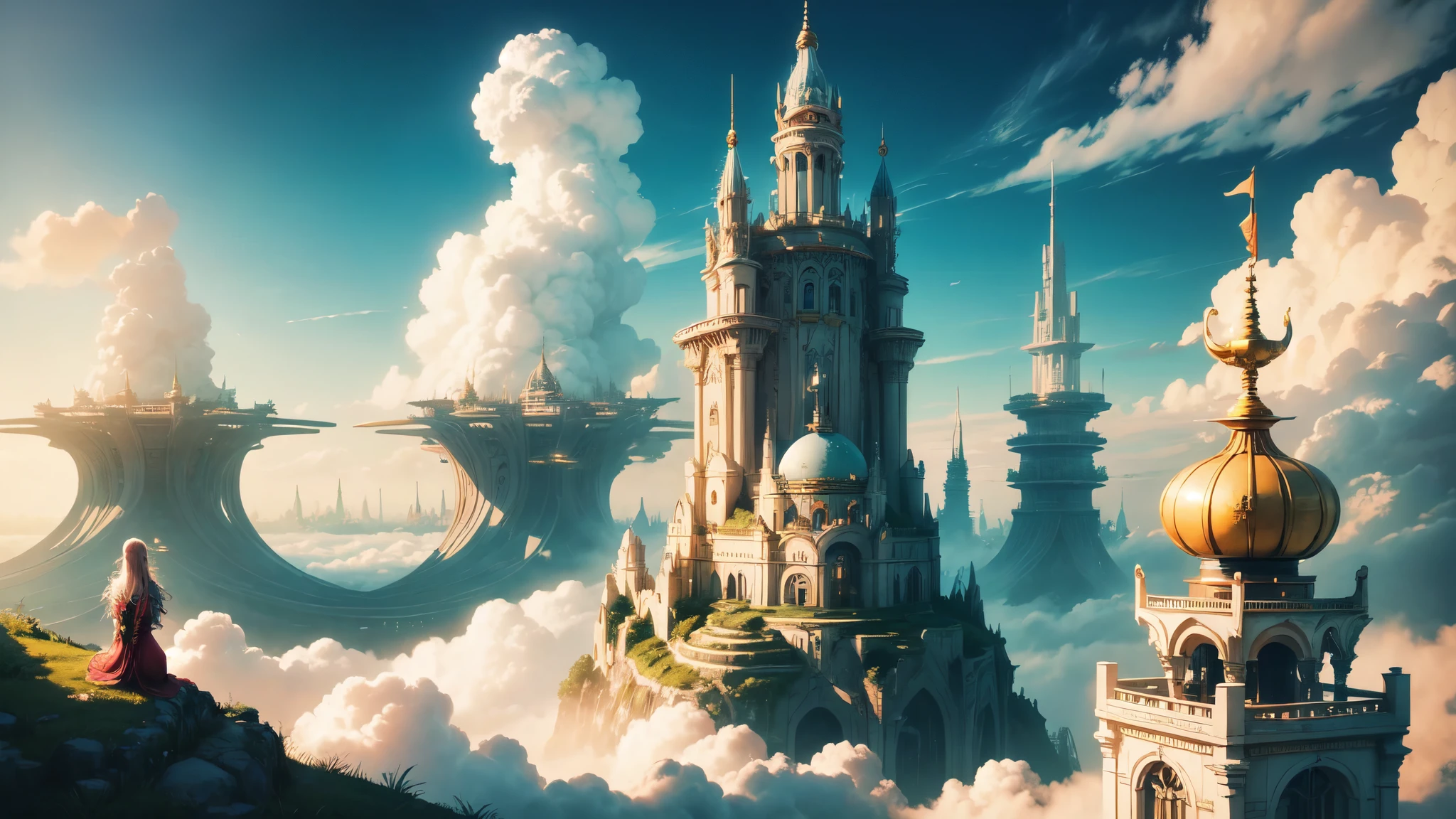 A painted city on clouds, ((serene)) girl with flowing hair, vivid and lively surroundings, tall and elegant buildings, airships in the sky, enchanting gardens, calm and tranquil mood, magical atmosphere, benevolent deity's reign over a sky kingdom, inhabitants living harmoniously with nature, distinct and beautiful architectural style, breathtaking landscape.