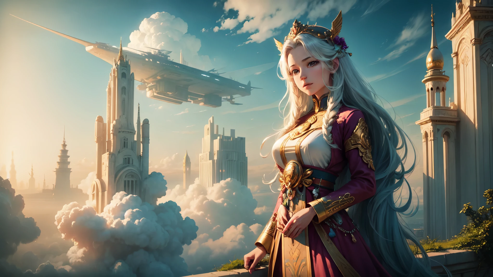 A painted city on clouds, ((serene)) girl with flowing hair, vivid and lively surroundings, tall and elegant buildings, airships in the sky, enchanting gardens, calm and tranquil mood, magical atmosphere, benevolent deity's reign over a sky kingdom, inhabitants living harmoniously with nature, distinct and beautiful architectural style, breathtaking landscape.