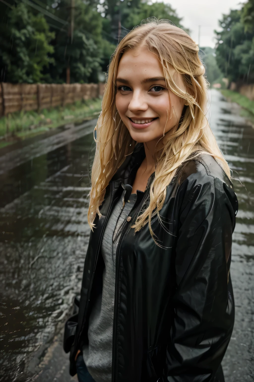 model, country road, rain, blonde hair, wet hair, evil smile, drop shadow, 4K
