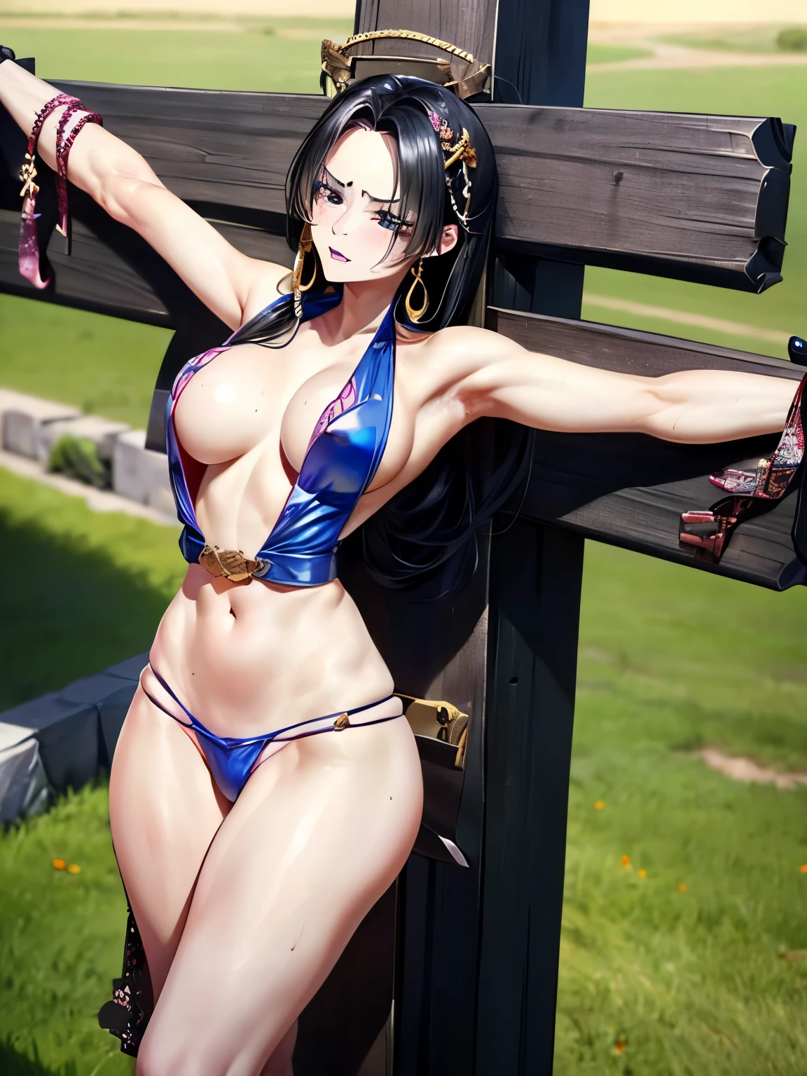 highest quality，masterpiece，8K，(Beautiful woman)，一人のBeautiful woman，((crucifixion))，cross，(execution)，incontinence，scared，torture，slave，((crossにcrucifixionにされた女性：1.5))