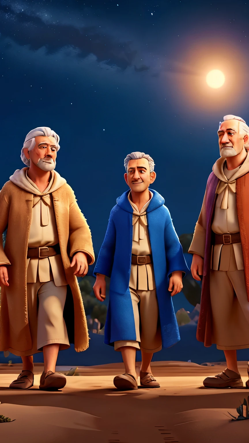 three old kings wearing robes walking in the desert at night with a bright star in the sky just like the Disney Pixar films