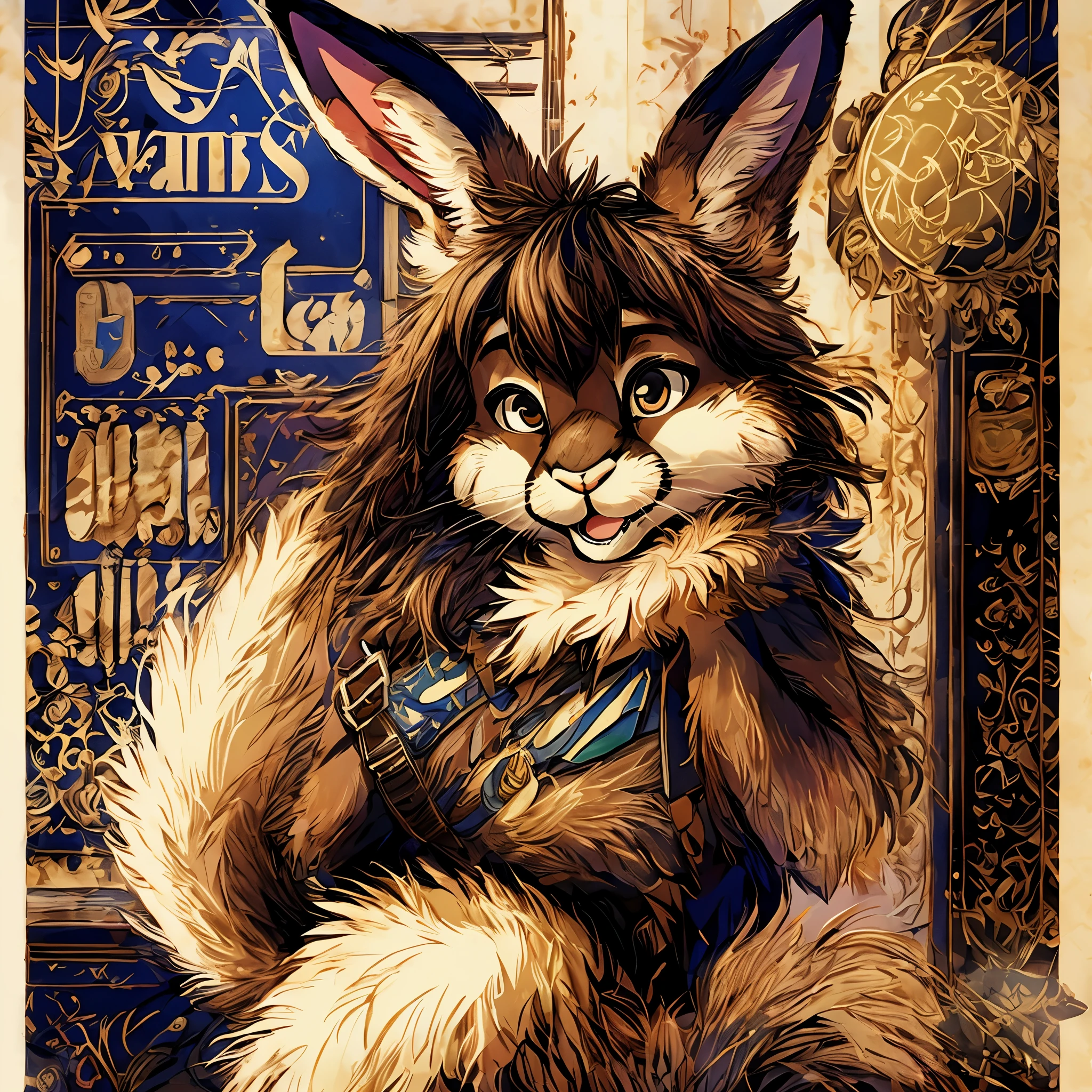 super fine illustration, best quality, magazine cover, upper body, contrapposto, backpack, badge, bag, bag charm, bookbag, handbag, pocket, pouch(Highly Detailed Beautiful Face and Eyes) absurdres, Perfect Anatomy((furry girl))(((furry)))(furry anthro:1.7)((rabbit Facial Features, rabbit Body Features))((rabbit ears, Highly Detailed Body Fur))joyful smile,