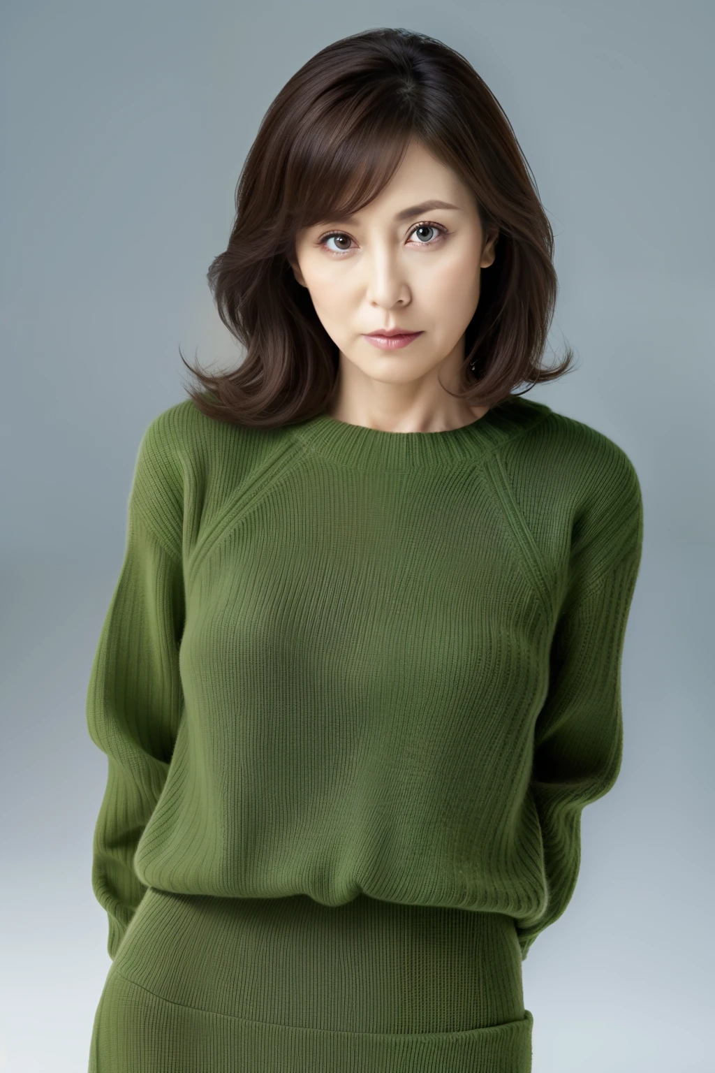 highest quality, masterpiece, High resolution, Photoreal, sharp, Raw photo, 8k wallpaper, perfection, professional lighting, very detailed, Depth of bounds written,pale plain background, ((one beautiful woman, japanese mature)), (45 years old)), women sexy, detailed face, beautiful eyes, bangs, good shape small breasts, light brown straight hair, faint lips, ((stand in front、look at the viewer, serious face eyes.)), Dark green sweater, skirt, cowboy shot