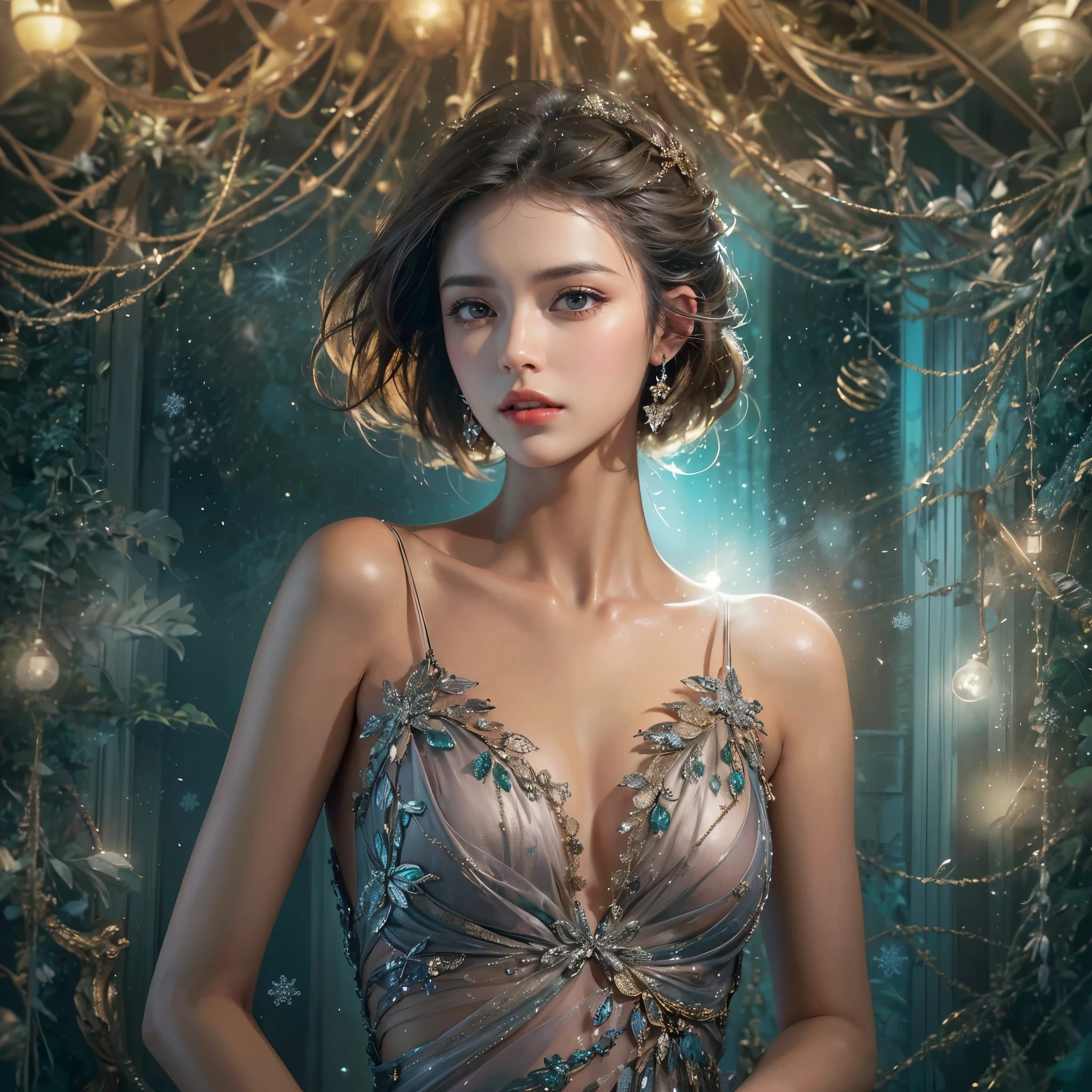 (best quality color photo of a mysterious beautiful woman in cocktail dress on a fashion magazine cover, haute couture fashion shoot:1.3),(An extremely delicate and beautiful work:1.2),(Fashion magazine Christmas special, designed with a theme of Christmas :1.3),(Christmas illumination, pale light, soft front light :1.2) ,elegant pose, glamorous fashion pose, the divine light, with neon lights, starryskybackground, simple background, luxury fashion,(she is the embodiment of beauty and allure, elegant and sophisticated fashion:1.1) ,detailed face, looking at viewer, detailed eyes, black eyes, lustrous lips, subtle smile, forehead ,cleavage, Gentle and enigmatic expression, High color saturation, surrealism ,(best quality, masterpiece, ultra detailed, ultra high res, photorealistic, raw photo, absurdres, absolutely resolution:1.4)
