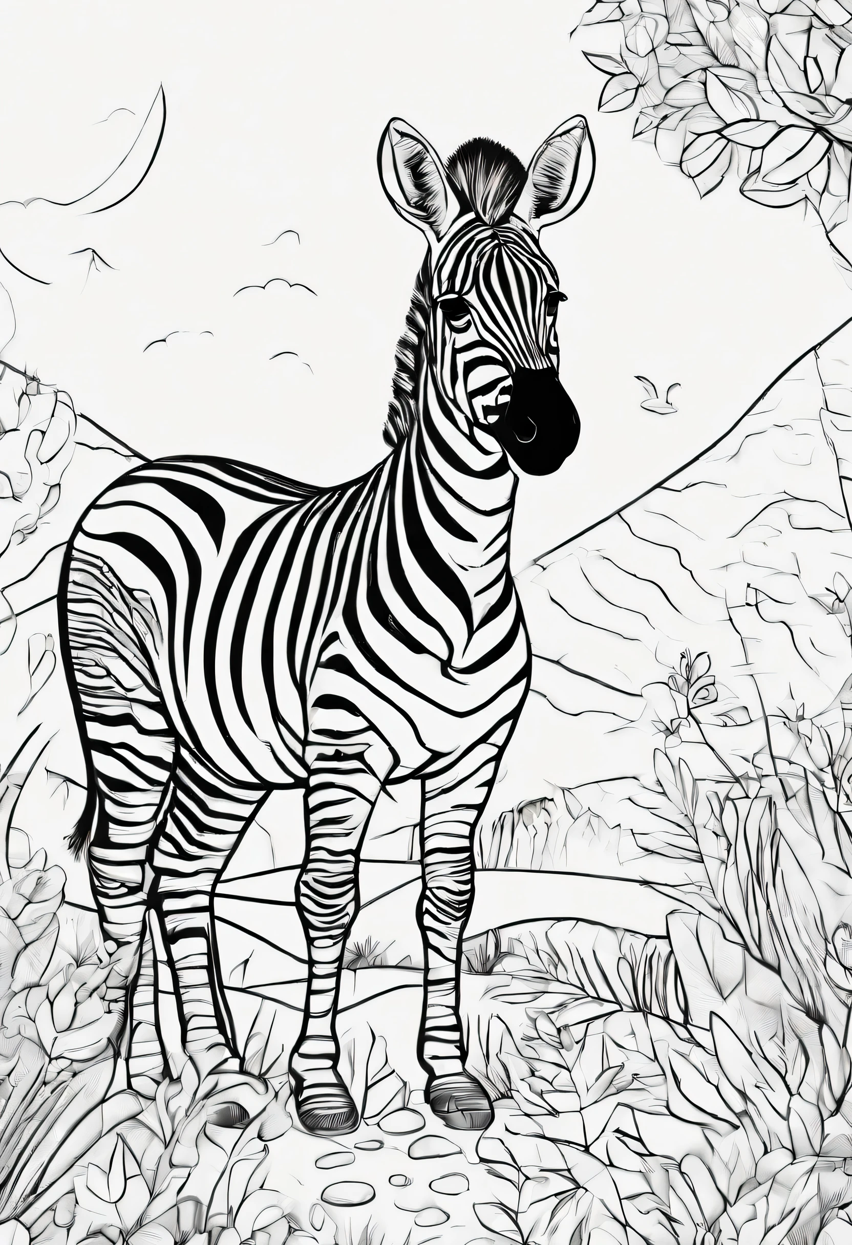 Cute baby zebra with its unique striped pattern standing out against the forest. Black line art coloring page for preschool children