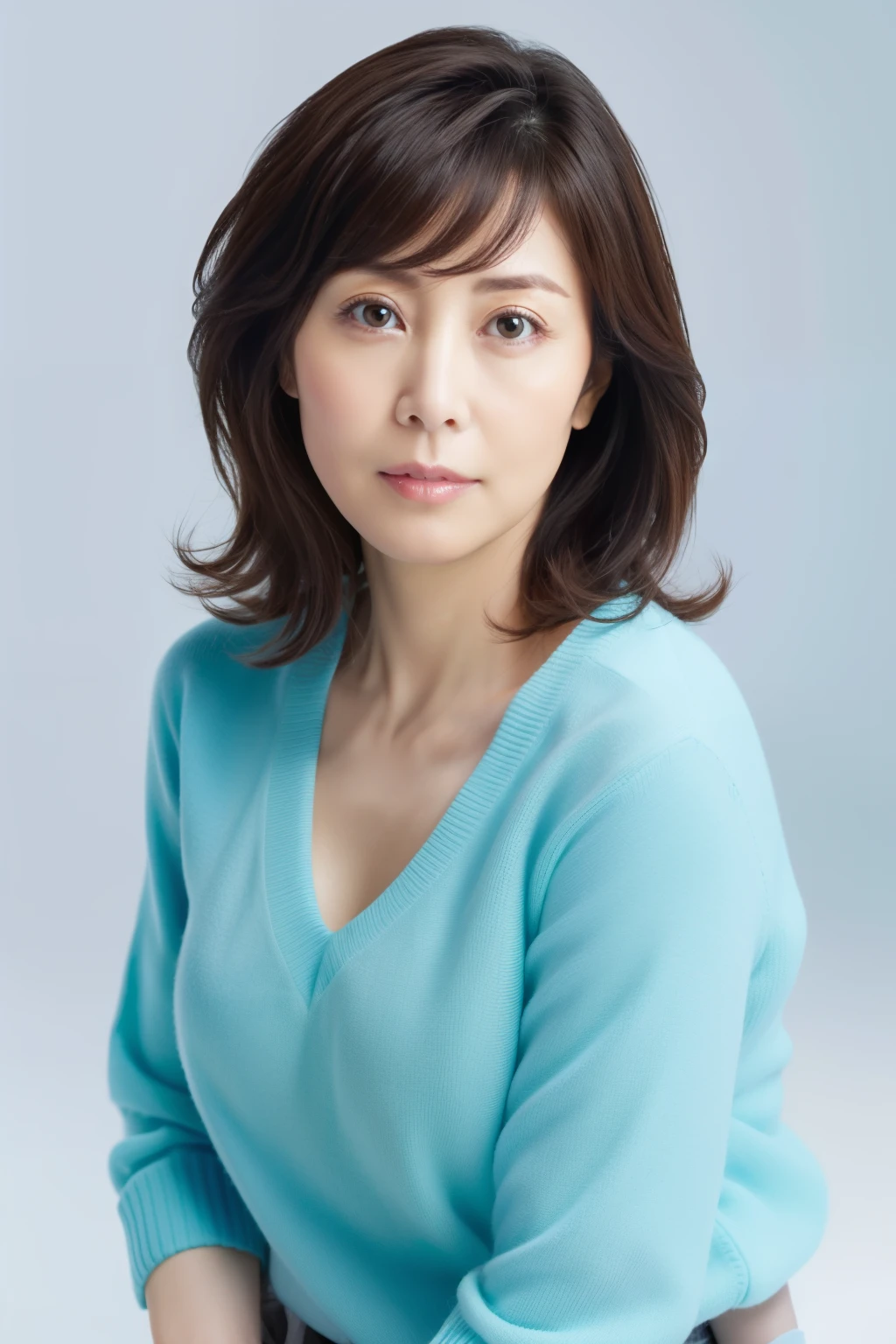highest quality, masterpiece, High resolution, Photoreal, sharp, Raw photo, 8k wallpaper, perfection, professional lighting, very detailed, Depth of bounds written,pale plain background, ((one beautiful woman, japanese mature)), (45 years old)), women sexy, detailed face, beautiful eyes, bangs, good shape small breasts, light brown straight hair, faint lips, ((stand in front、look at the viewer, serious face eyes.)), light blue sweater, skirt, cowboy shot