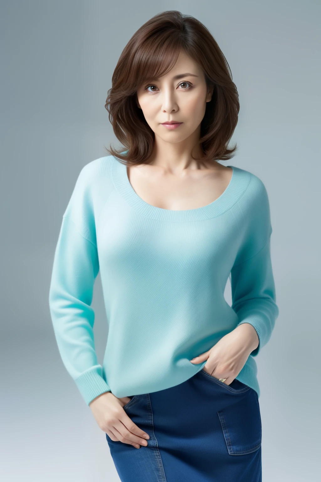 highest quality, masterpiece, High resolution, Photoreal, sharp, Raw photo, 8k wallpaper, perfection, professional lighting, very detailed, Depth of bounds written,pale plain background, ((one beautiful woman, japanese mature)), (45 years old)), women sexy, detailed face, beautiful eyes, bangs, good shape small breasts, light brown straight hair, faint lips, ((stand in front、look at the viewer, serious face eyes.)), light blue sweater, skirt, cowboy shot