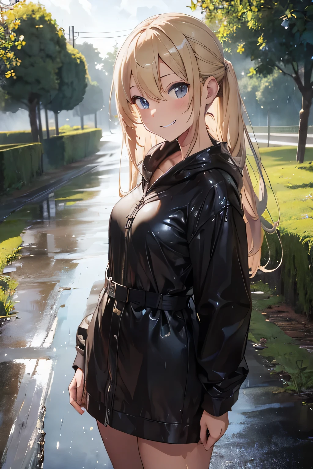 model, country road, rain, blonde hair, wet hair, evil smile, drop shadow, 4K, naked