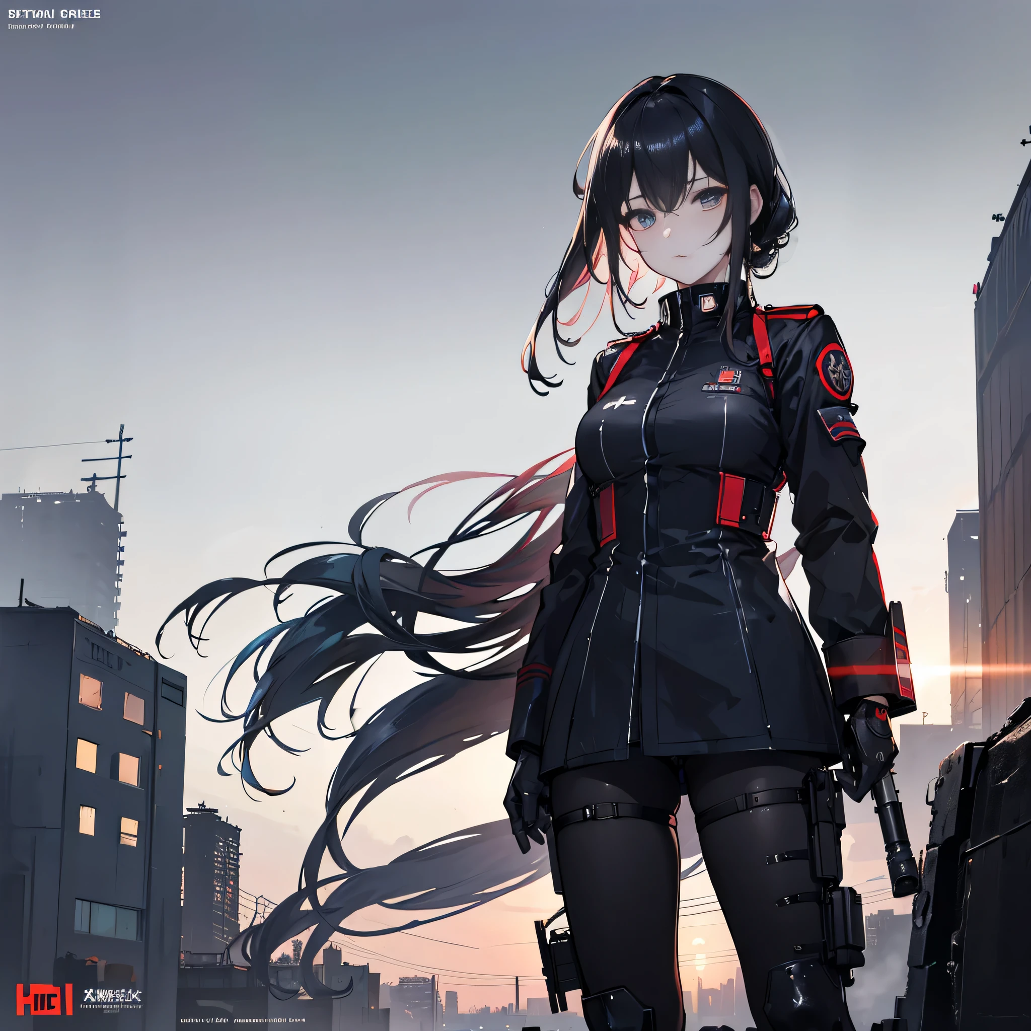 A man in uniform in the city、Girl with gun, bad girl anime, Mechanized female soldier, girls frontline style, From Girls Frontline, Shoujo Frontline CG, Key Artistic Female Characters by Koshatek Runz, best anime 4K Konachan wallpaper, guweiz on artstation pixiv, anime maid nazi army, guweiz on pixiv artstation, (best quality,4K,8k,high resolution,masterpiece:1.2), Super detailed, (actual,photoactual,photo-actual:1.37), concept artist, The art of math, cyberpunk style, Vibrant neon colors, moody atmosphere, night view, Cinema lighting, futuristic cityscape, Streets soaked by rain, bustling urban environment, high-tech weapon, bad posture, confident expression, intense action, Mechanical enhancement, dystopian setting, strong female character, dark and gritty tones, weird atmosphere, dynamic composition, dramatic shadows.