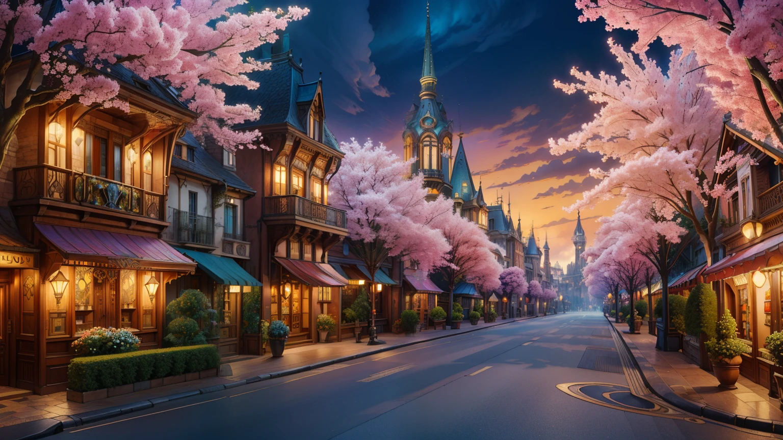 "Picturesque townscape, breathtaking architecture ((styled in Art Nouveau)), ((Paved streets)), ((magic shop: 0.5)); center of town, attractive, Vibrant cityscape, Enchanting magical fantasy atmosphere, (masterpiece), (highest quality), (super detailed) beautiful environment in the background, lots of flowers and trees, extremely detailed and complicated, hyper maximalist, elegant, Brilliant, surreal, cinematic lighting, Side view, scenery"