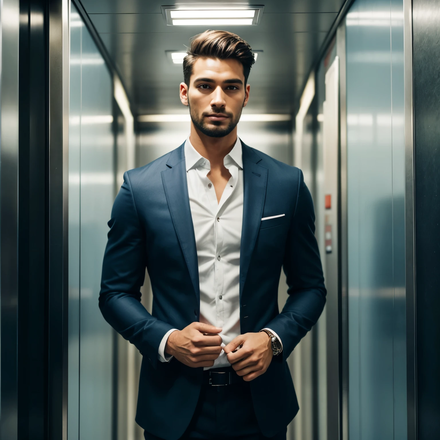 A handsome man in the elevator.