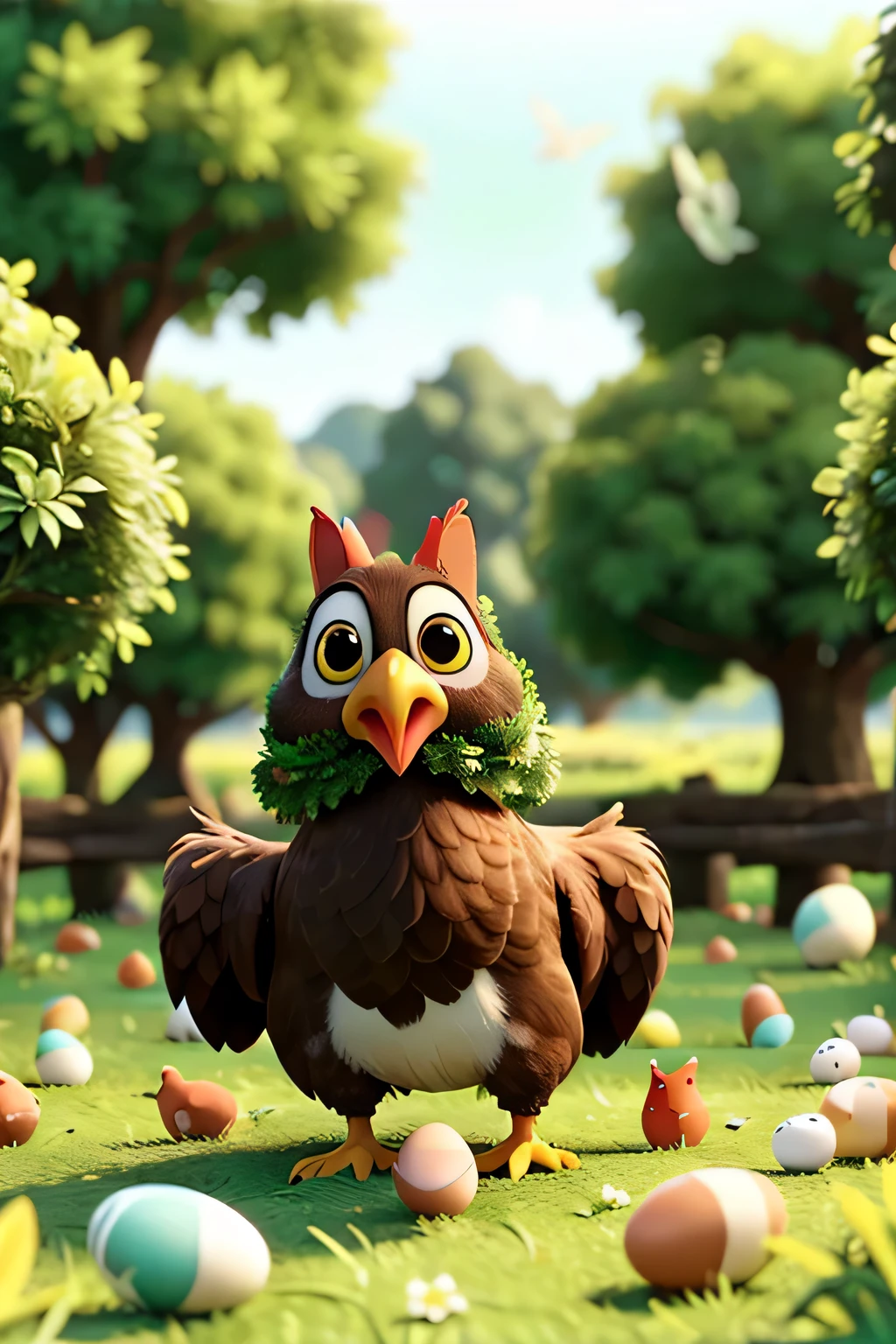 A hen are in a green field with some eggs