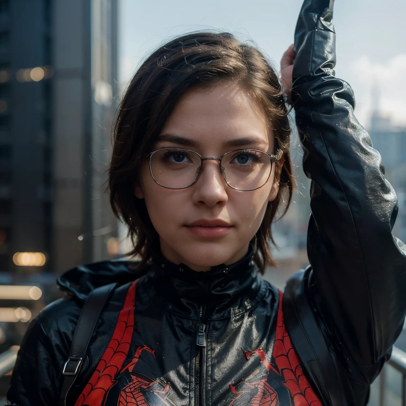 (1boy:1.3), Solo, (((Very detailed face)))), ((Very detailed eyes and face use glasses )))), Beautiful detail eyes, Body parts__, Official art, Unified 8k wallpaper, Super detailed, beautiful and beautiful, beautiful, masterpiece, best quality, original, masterpiece, super fine photo, best quality, super high resolution, realistic realism, sunlight, full body portrait, amazing beauty, dynamic pose, delicate face, vibrant eyes, (from the front), he wears Spider-Man suit, red and black color scheme, spider, very detailed city roof background, rooftop, overlooking the city, detailed face, detailed complex busy background, messy, gorgeous, milky white, highly detailed skin, realistic skin details, visible pores, clear focus, volumetric fog, 8k uhd, DSLR, high quality, film grain, fair skin, photo realism, lomography, futuristic dystopian megalopolis, translucent