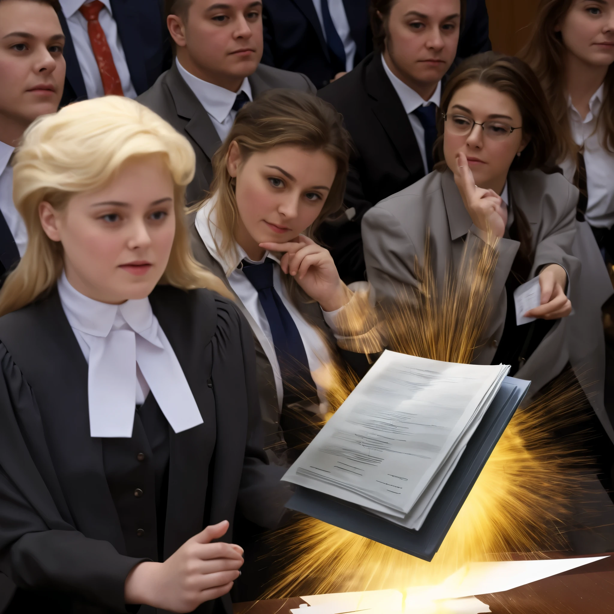 light explosion propels papers as female lawyer waves hands in a courtroom, they are very serious, female lawyer, meme template,
