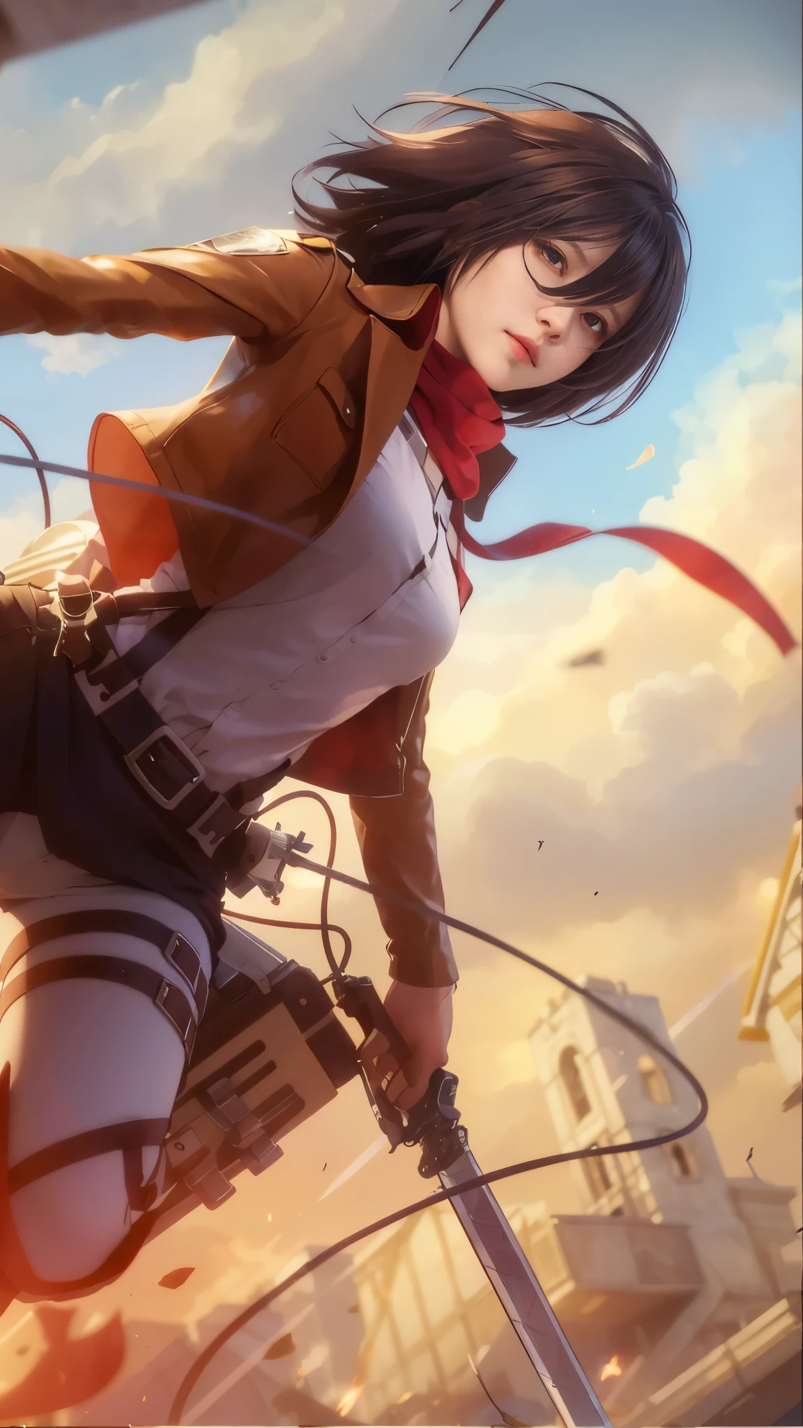 Mikasa, Masterpiece, Best quality, A high resolution, Short hair, Black eyes, Scarf, emblem, belt, thigh band, Red scarf, White pants, Brown jacket, Long sleeves, holding weapon, sword, dual wielding, Three-dimensional electric gear, Arms spread wide, standing on one leg, Wide shot, sky, Highest quality, high resolution.