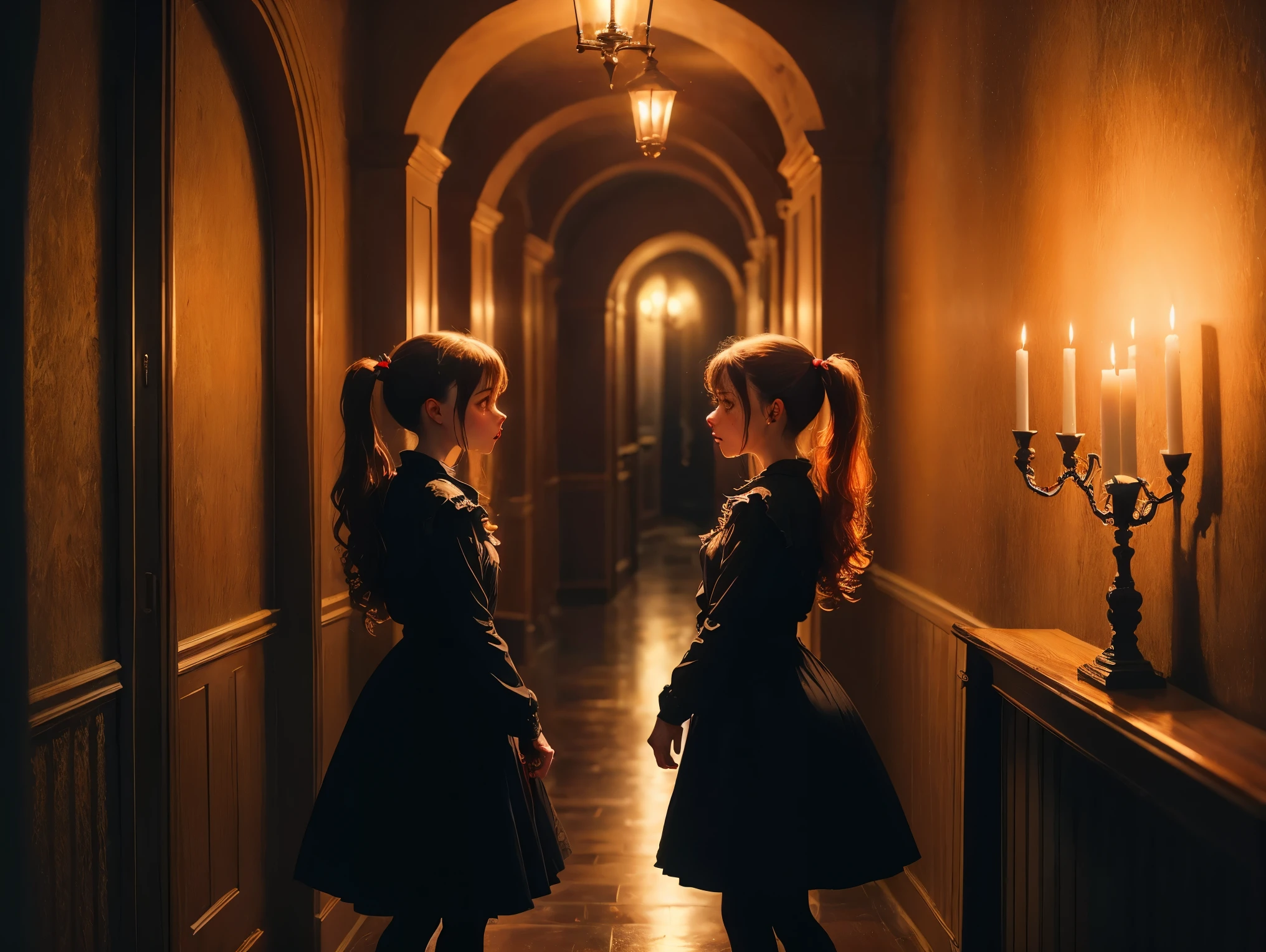 (masterpiece), best quality, cinematic, dark fantasy, horror house, dark hallway, scary twins, pigtails , night, knife, debris, candlelight, unsettling atmosphere, close up, from front