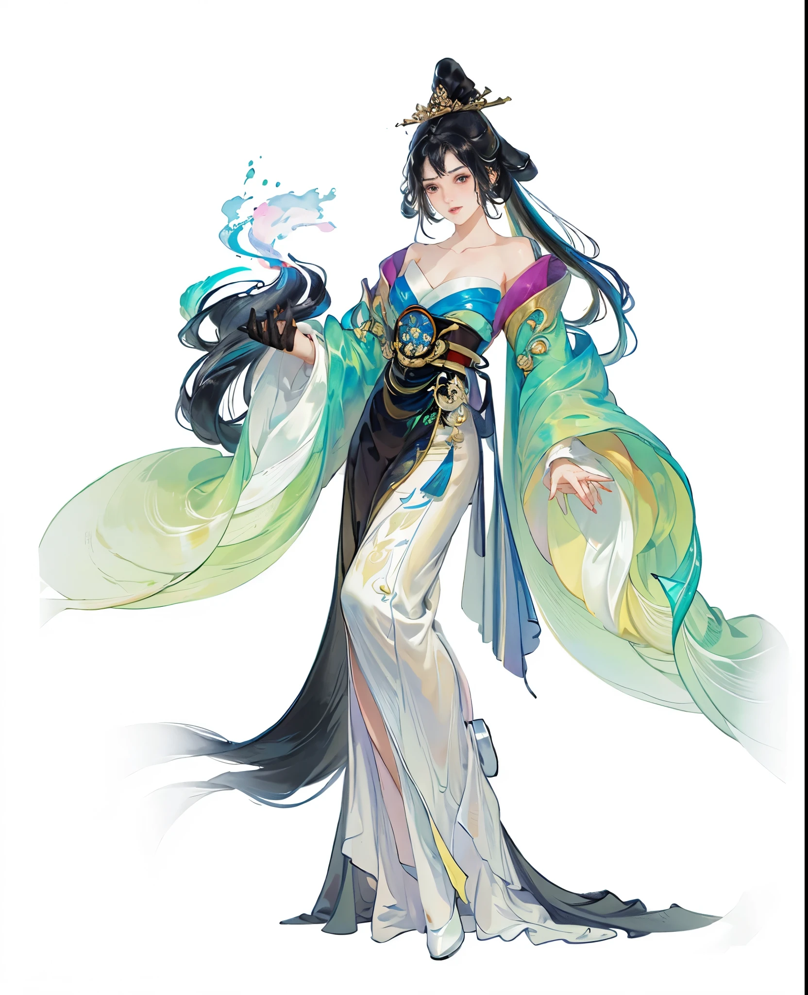 The whole body of the character，best quality, ultra high resolution, (((1 girl))),(long black hair), game character， old palace, hanfu, yarn, 流动的yarn布, jewelry, (focus), (((colorful))),(sketch:0.8) , masterpiece, best quality, beautiful painting, meticulous,(Denoise:0.6), Very detailed, (masterpiece, best quality） CG unified 8K wallpaper，masterpiece，best quality at best，super detailed）, Ultra HD quality