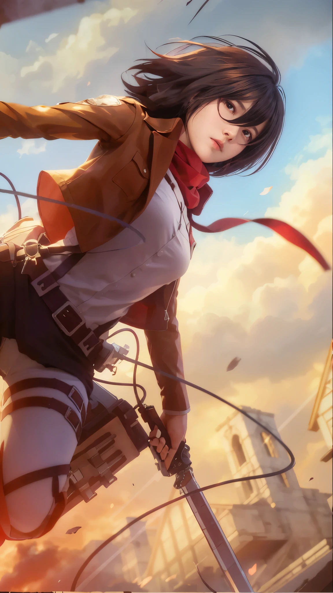 Mikasa, Masterpiece, Best quality, A high resolution, Short hair, Black eyes, Scarf, emblem, belt, thigh band, Red scarf, White pants, Brown jacket, Long sleeves, holding weapon, sword, dual wielding, Three-dimensional electric gear, Arms spread wide, standing on one leg, Wide shot, sky, Highest quality, high resolution.