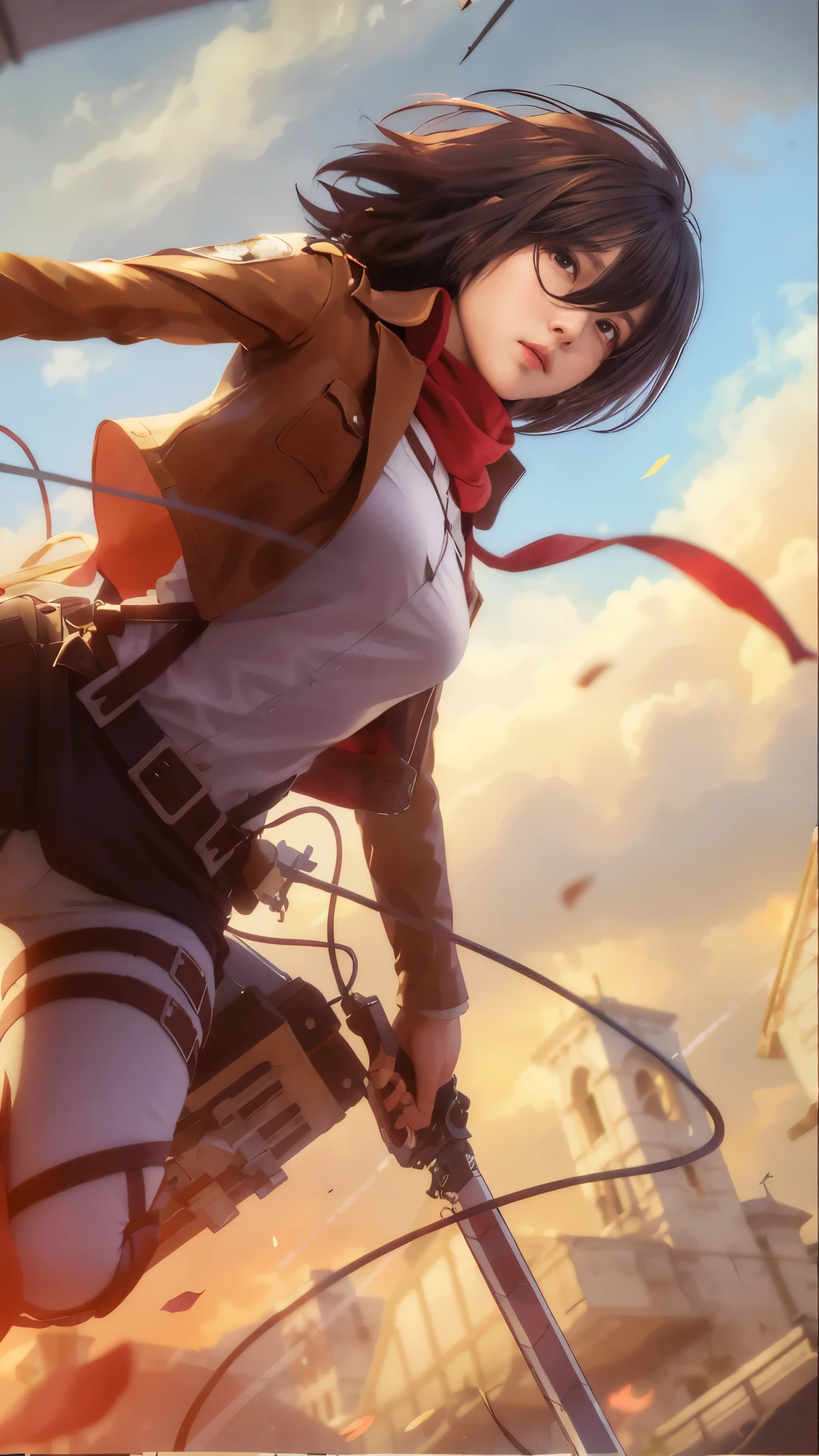 Mikasa, Masterpiece, Best quality, A high resolution, Short hair, Black eyes, Scarf, emblem, belt, thigh band, Red scarf, White pants, Brown jacket, Long sleeves, holding weapon, sword, dual wielding, Three-dimensional electric gear, Arms spread wide, standing on one leg, Wide shot, sky, Highest quality, high resolution.