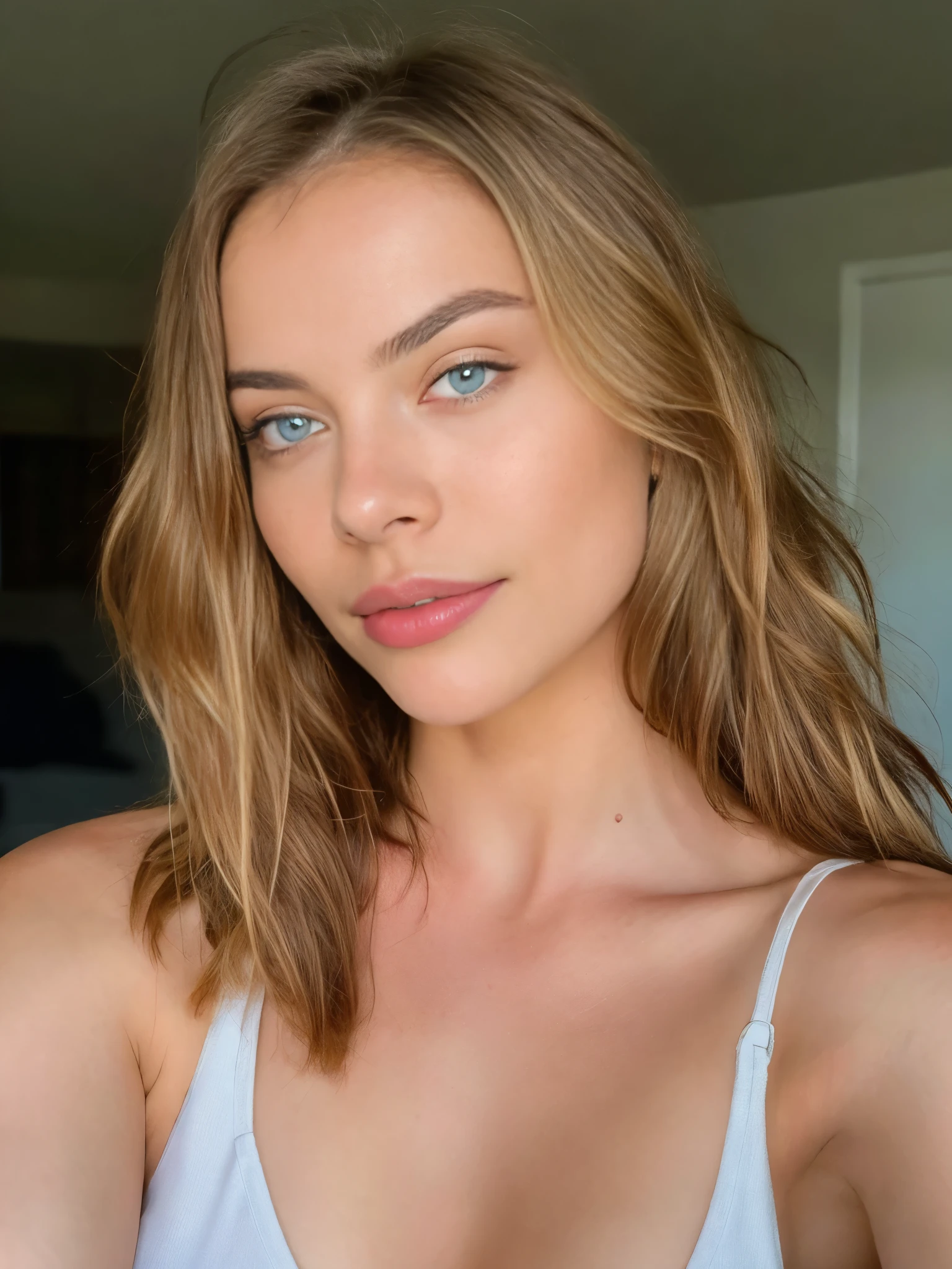 Very beautiful sexy blonde making a selfie, naked , breasts, light blue eyes, highly detailed, 18 years old, slim, innocent face, naturally wavy hair, high resolution, masterpiece, best quality, intricate high detail, highly detailed, sharp focus, detailed skin, realistic skin texture, texture, detailed eyes, professional, 4K, charming smile, shot with Canon, 85mm, slight depth of field, Kodak Color Vision, body in perfect shape, extremely detailed, photographer_\( ultra\), photographerrealistic, Realstic, Postprocessing, maximum details, roughness, real life, ultrarealistic, photorealism, photography, 8K UHD, photography