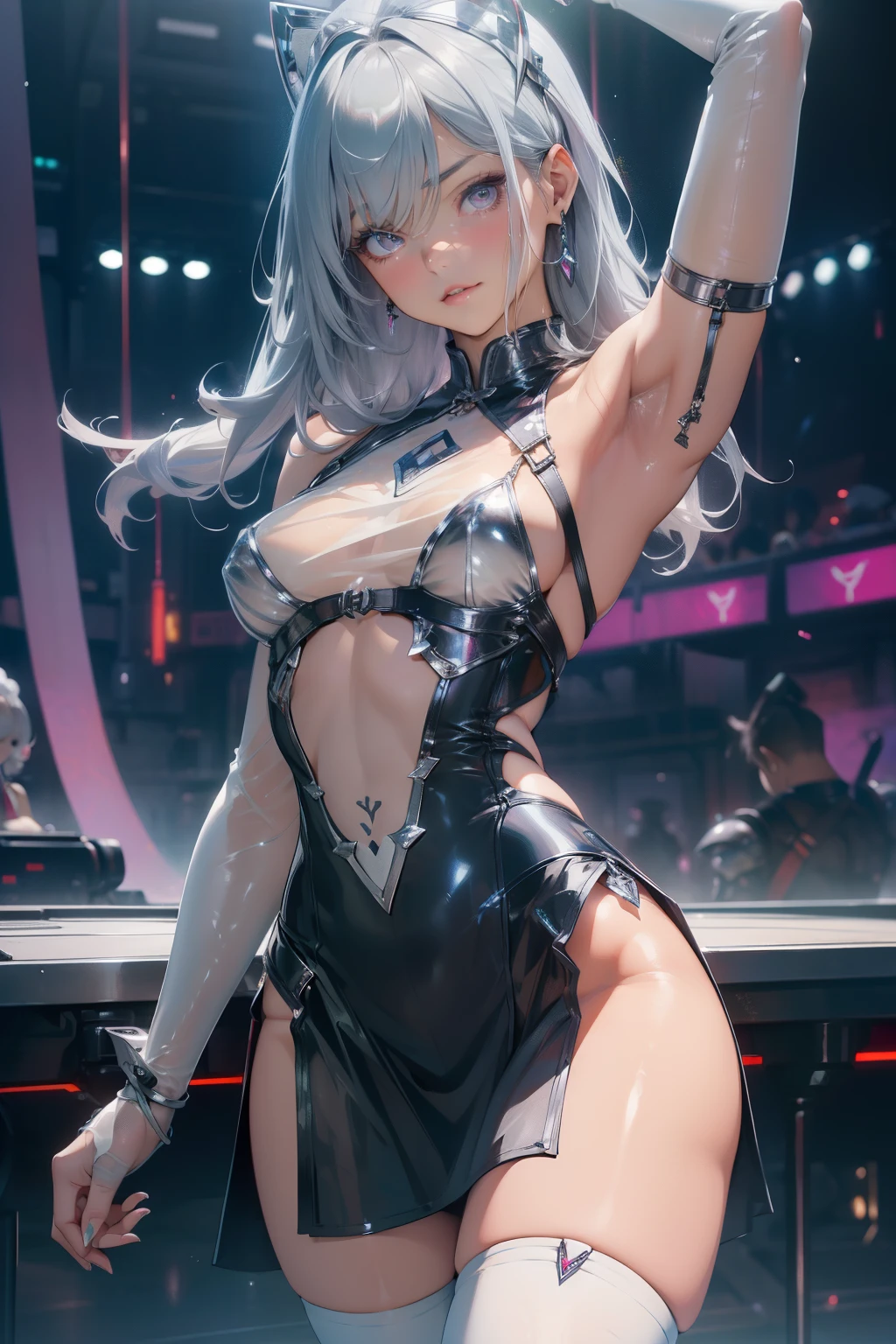 (quality)), ((masterpiece)), Recommended results、Puffy nipples、(see through:1.5)、straighten your back、abdominal muscles、huge bust、angle to floor:1.2、low camera angle、Hair loss on crotch，Hatsune Miku，cyberpunk,maid ((1 girl)), Attractive nipples),big breasts:1.4),Breast sagging,Colored inner hair，(((toy doll))),((pale nipples ),((silver armor dress,Tesla Coil)),White transparent metal leather,part:1.5,:1.5,Mechanical joint: 1.4,mechanical limbs))),shiny skin:1.5,bright skin: 1.5,shiny skin,very shiny skin,shining body,white plastic glitter skin， shiny skin,glowing skin,wet legs))),(lower abdomen,Yao Liu,wide hips,detailed body,(Detailed face)),maidennurse，only_Shoulder,Delicate metal decoration,sleeveless,mini skirt,boots,high resolution, sharp focus,(super detailed, Very detailed), (realistic artwork:1.37),(Very detailed CG unity 8k wallpaper,(((bright colors))),complicated,(complicated background),(masterpiece),(最好的quality),Perfect face,Perfect facial details,cheongsam