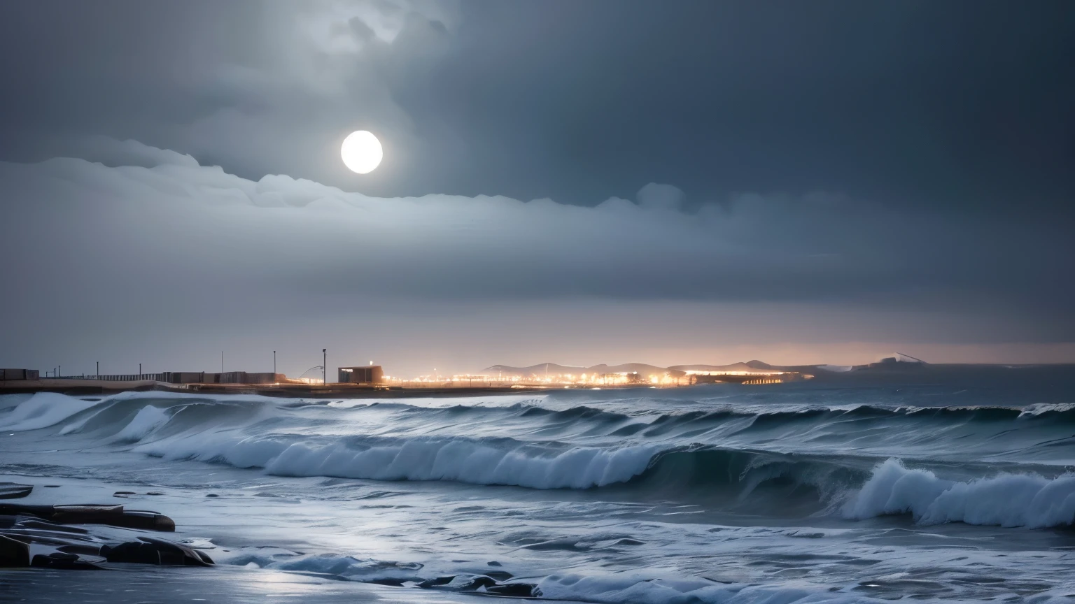A snowy winter beach covered in darkness, with a stormy night and a melancholic atmosphere. The waves crash onto the shore while snowflakes fill the air, creating a blizzard-like effect. The scene is set near railroad tracks, further enhancing the feeling of desolation and isolation. The image quality should be of the highest caliber, with ultra-detailed elements and realistic rendering. The color palette should have a cold, wintry tone, with soft whites, grays, and blues dominating the scene. To enhance the artistic style, incorporate a touch of surrealism or impressionism to the image. The lighting should be dramatic, with shadows cast by the moon and flickering lanterns in the distance.