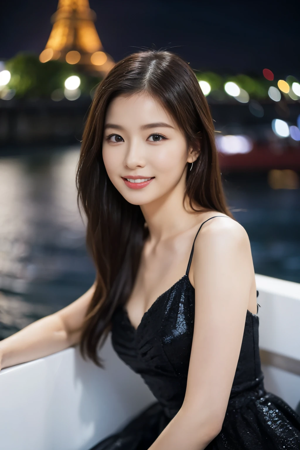 ((table top:1.4, highest quality)), (realistic pictures:1.4), 
((1 girl)), 
(超High resolution:1.2), very delicate and beautiful, wonderful, 
Highly detailed CG Unity 8K wallpaper, Super detailed, High resolution, soft light, 
beautiful detailed girl, highly detailed eyes and face, beautifully detailed nose, beautiful and detailed eyes, 
(gorgeous long dress:1.4),
cinematic lighting, perfect anatomy, slender body, thin chest,
(Relax on a pleasure boat in the Seine:1.3), (city light at night:1.4), (outdoor:1.3), (eiffel tower),
cowboy shot, looking at the viewer, smile
