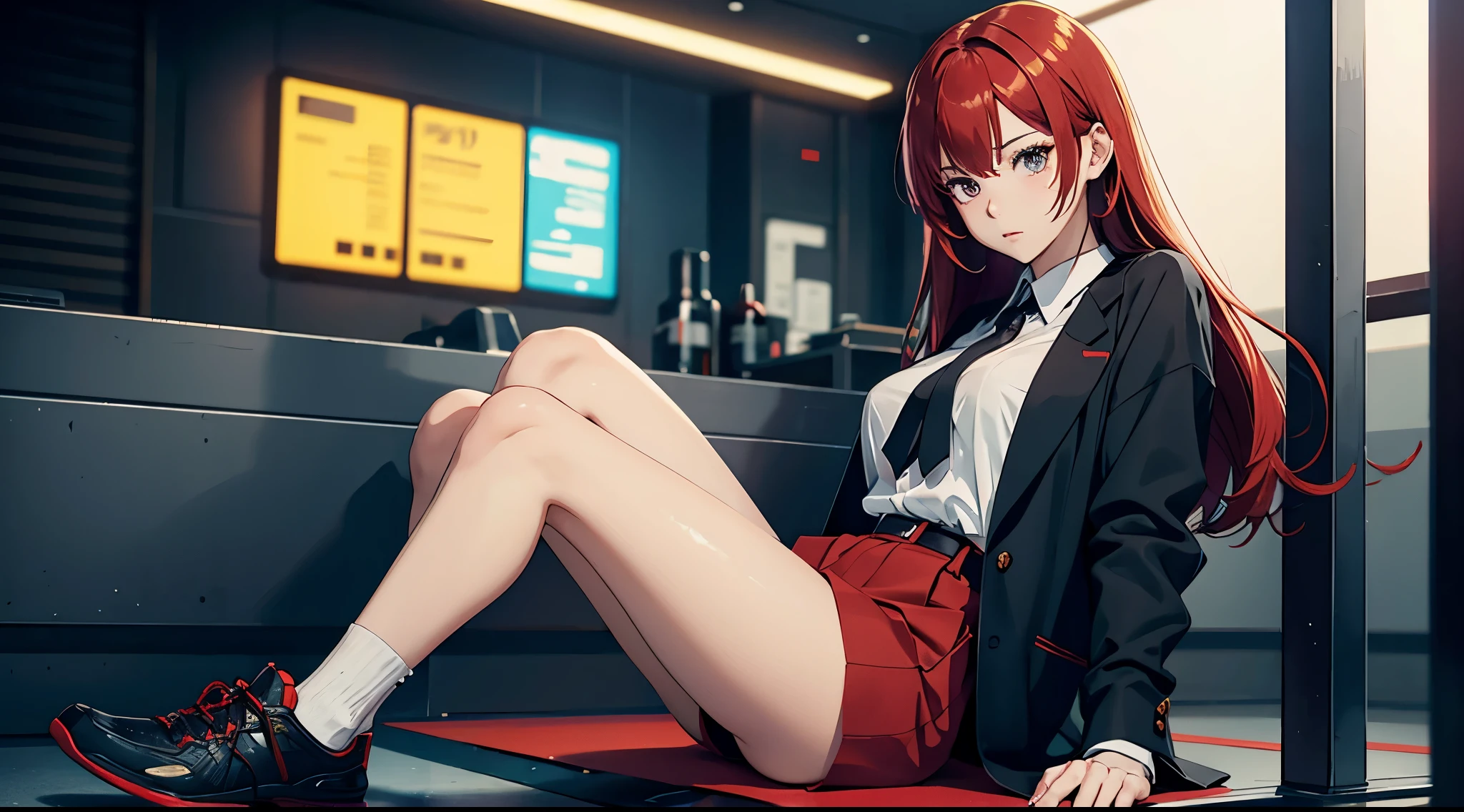 anime girl sitting, red hair, white shirt and black tie embed with golden color, Black trouser, Air Jorden shoes, detailed beautiful and hot anime girl, anime style, neon city, depth of field, beautiful eyes, submissive look, beautiful background, best quality, realistic