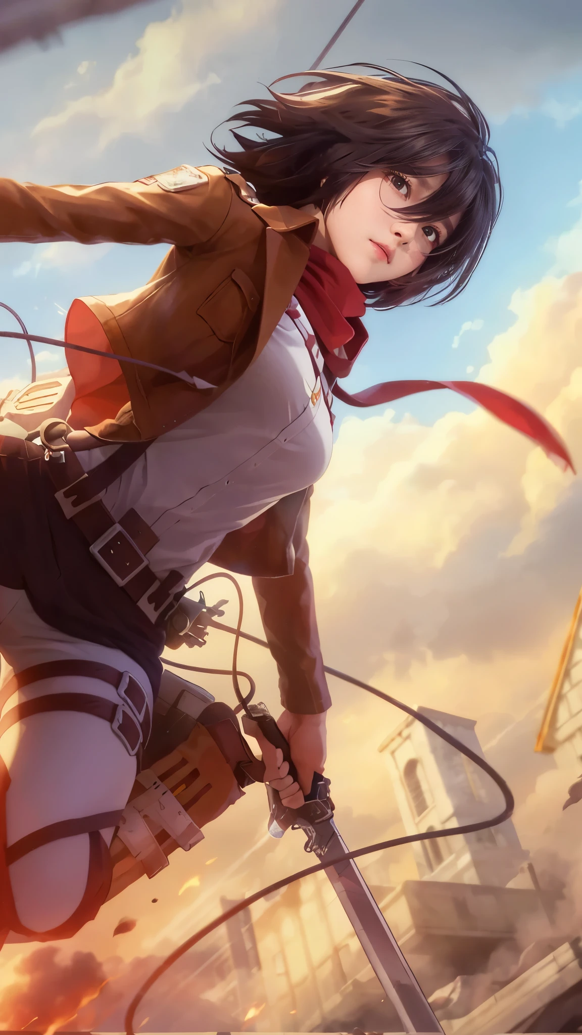 Mikasa, Masterpiece, Best quality, A high resolution, Short hair, Black eyes, Scarf, emblem, belt, thigh band, Red scarf, White pants, Brown jacket, Long sleeves, holding weapon, sword, dual wielding, Three-dimensional electric gear, Arms spread wide, standing on one leg, Wide shot, sky, Highest quality, high resolution.