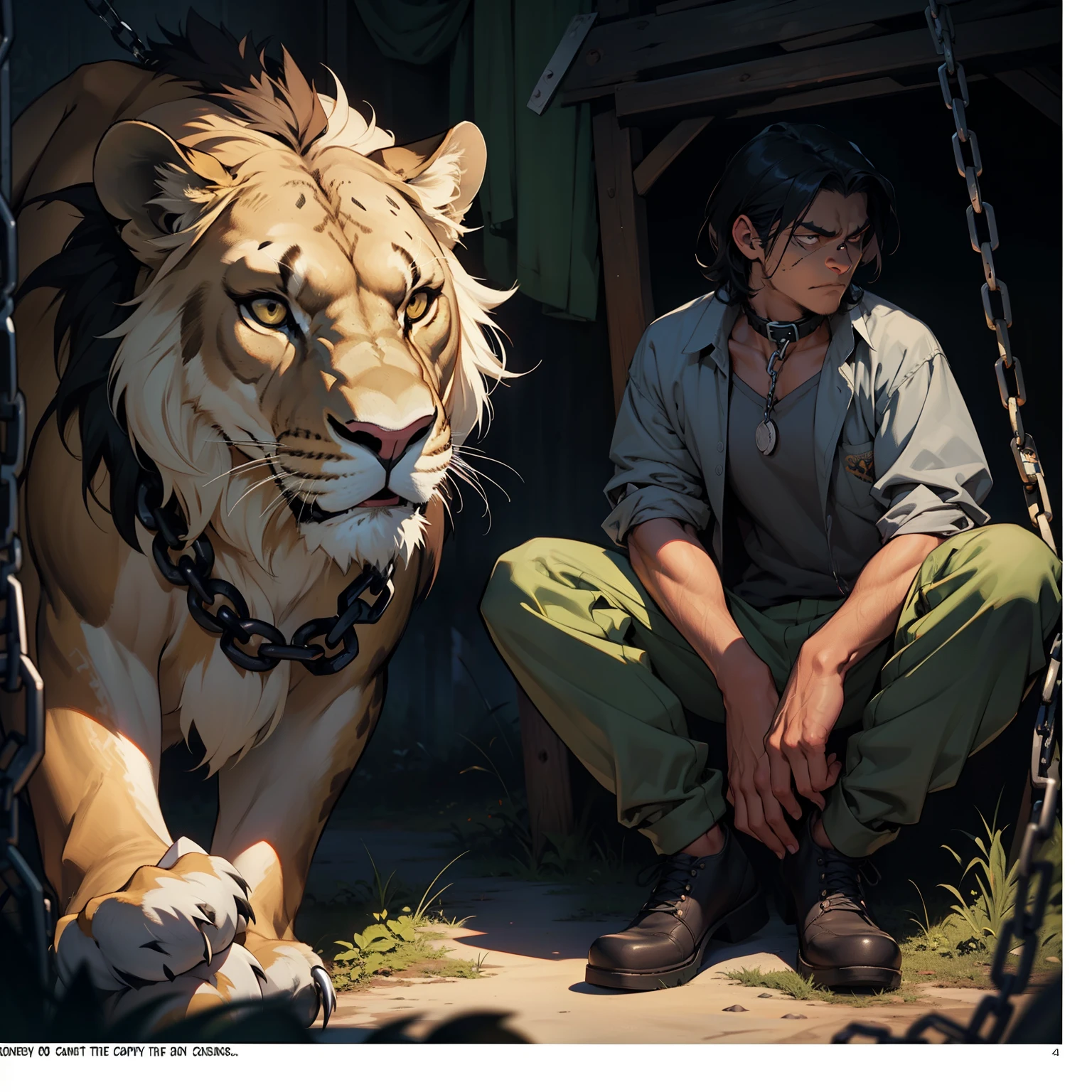 Perfect face, male zombie, black hair, collar, chain, one-eyed, sitting next a huge African Lion:0.7, contemplation, dark tones, two-dimensional, comics, masterpiece rich details, "unlikely inseparable friends" theme,
