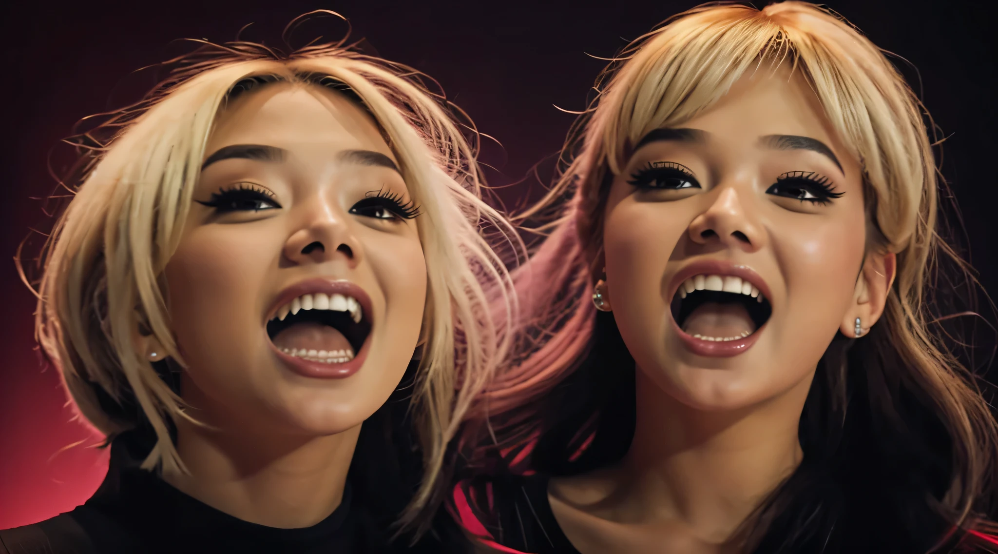 KIDS GIRL BLONDE with a black face and a black face with a black face, wide open mouth in terror, lsd face, psychopath face, screaming face, evil dead face, insane face, scary face, a disembodied head screaming, evil crazy laugh, 