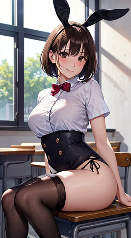 ((table top, highest quality, High resolution, nffsw, perfect pixel, 4K, nffsw, nffsw,35 years old))), 1 girl, single, alone, beautiful woman、I could see the whole body、 ((short bob hair, bangs, brown hair)), ((brown eyes, beautiful eyelashes, realistic eyes)), ((detailed face, blush:1.2)), ((smooth texture:0.75, realistic texture:0.65, realistic:1.1, Anime CG style)), medium breasts, dynamic angle, perfect body, ((black bunny ears、White short-sleeved shirt with open front、、plaid skirt、garter stockings、high heels、Kamimei)), classroom without people、sit at desk、、、evening、、、Very embarrassing panic smile、soft breasts、(、、open both legs、lace panties)、