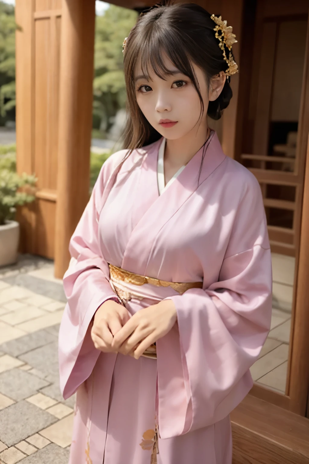 araffe asian woman in a pink kimono with a gold flower in her hair, pale pink and gold kimono, in kimono, pale and coloured kimono, wearing kimono, wearing royal kimono, in a kimono, japanese goddess, wearing a kimono, Flowing cherry colored silk, palace , girl wearing hanfu, wearing a simple robe, kimono