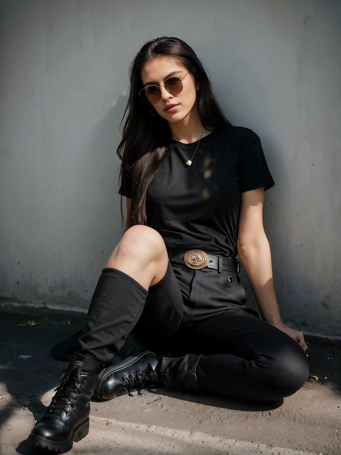 mulher de 25 anos, cabelo amarrado, Cabelo longo, Cabelo preto, small round sunglasses, Batom macio, camiseta preta longa, camiseta de manga curta, black pants with belt, botas pretas de estilo militar, fotografia realista, maximum color details, luz e sombra, modelo de fotografia, Maximum lighting and clothing scene details.