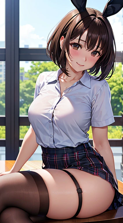 ((table top, highest quality, High resolution, nffsw, perfect pixel, 4K, nffsw, nffsw,35 years old))), 1 girl, single, alone, beautiful woman、I could see the whole body、 ((short bob hair, bangs, brown hair)), ((brown eyes, beautiful eyelashes, realistic eyes)), ((detailed face, blush:1.2)), ((smooth texture:0.75, realistic texture:0.65, realistic:1.1, Anime CG style)), medium breasts, dynamic angle, perfect body, ((black bunny ears、White short-sleeved shirt with open front、、plaid skirt、garter stockings、high heels、Kamimei)), classroom without people、sit at desk、、、evening、、、Very embarrassing panic smile、soft breasts、(、、open both legs、lace panties)、