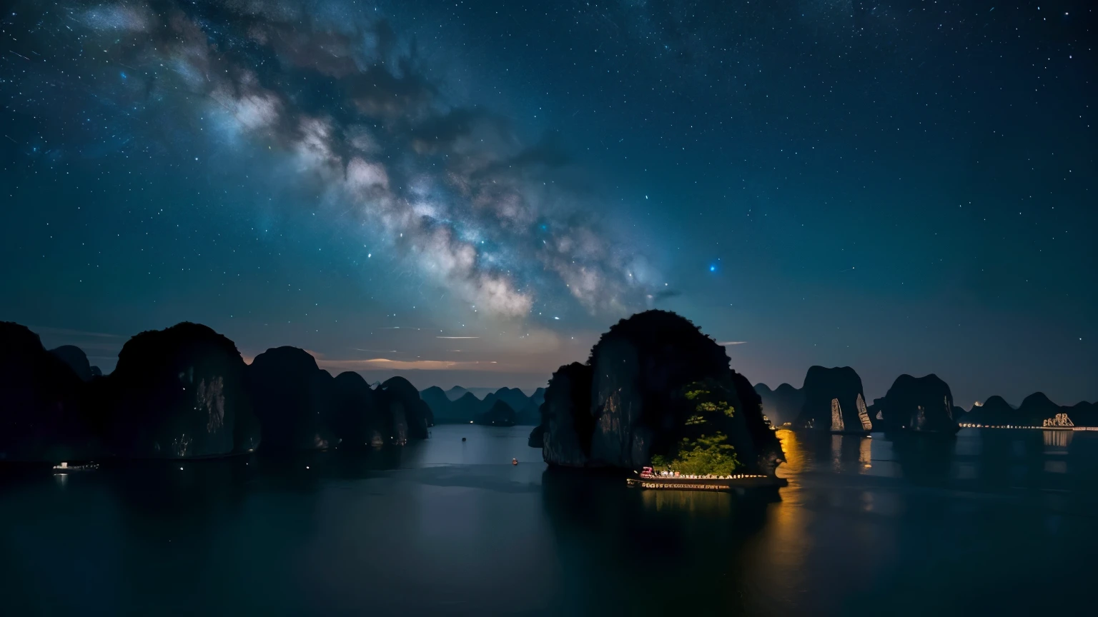 Ha Long Bay, Vietnam, the jet-black night sky is filled with countless stars, high resolution, photo.