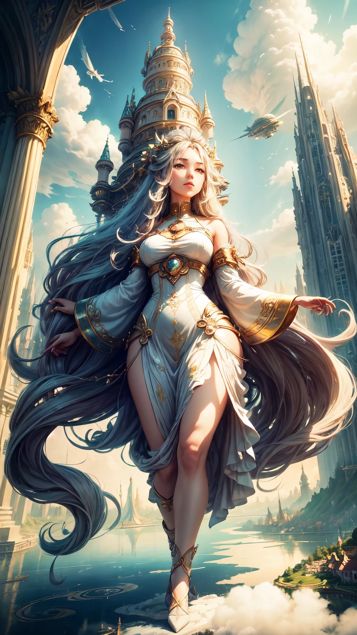 A  city on clouds, ((serene girl)) with flowing hair, vivid and lively surroundings, tall and elegant buildings, airships in the sky, enchanting gardens, calm and tranquil mood, magical atmosphere, benevolent deity's reign over a sky kingdom, inhabitants living harmoniously with nature, distinct and beautiful architectural style, breathtaking landscape.