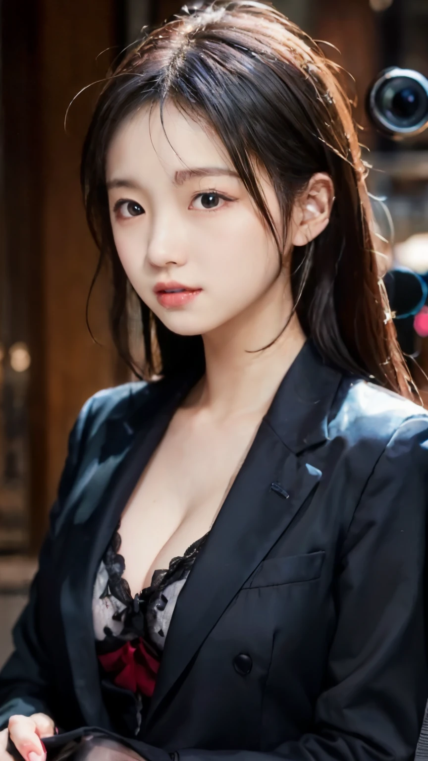 there is a woman in a suit posing for a picture, (((huge tit))), ((cleavage)),(( Nippleless)),gorgeous chinese model, japanese model,(((beautiful face))),(((Big eyes))),(((beautiful eyes))),(((long eyelashes))),((beautiful teeth)),Photographed with Canon EOS R6, Photographed with Canon EOS R5, gorgeous young korean woman, Photographed with Canon EOS R5, girl in a suit, soft portrait shot 8k, Portrait of a Korean female idol, Photographed with Canon 5D MK4, korean girl, beautiful korean woman