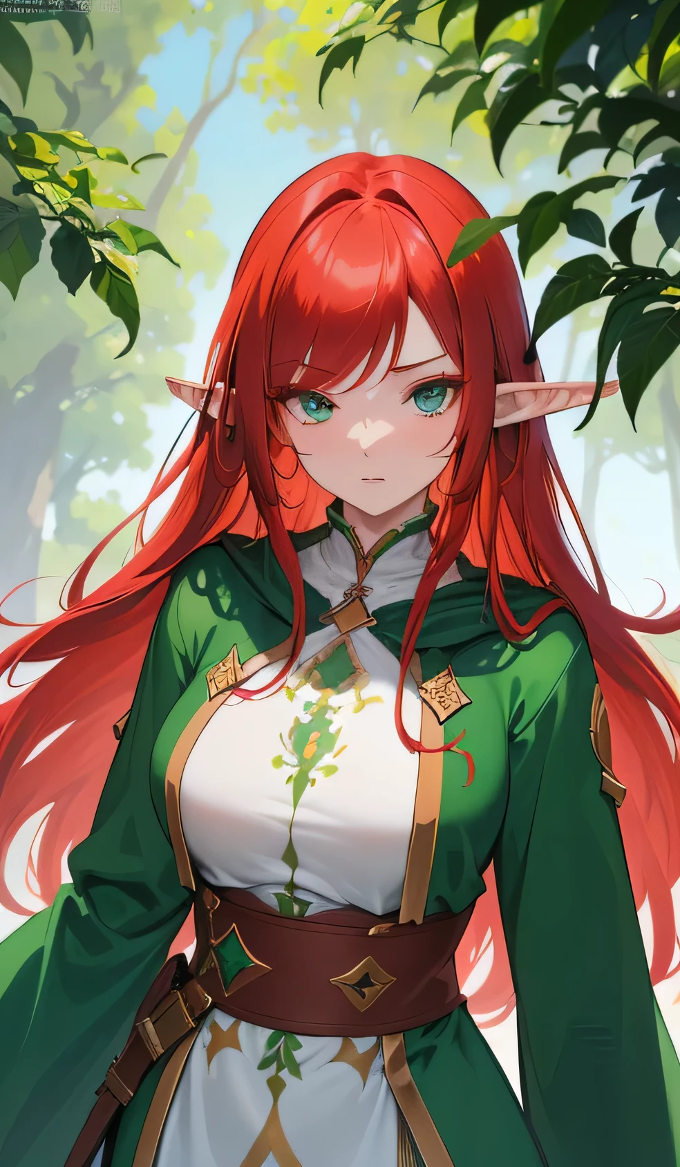 masterpiece, best quality, (detailed face), Zosia appears human but with distinct elven characteristics. She possesses ((long reddish hair)) that takes on a reddish hue when exposed to sunlight. Her eyes are a captivating shade of ((green-blue)), and her ears are ((like human but a little long)), she is using a ((green robe with detailed art))
