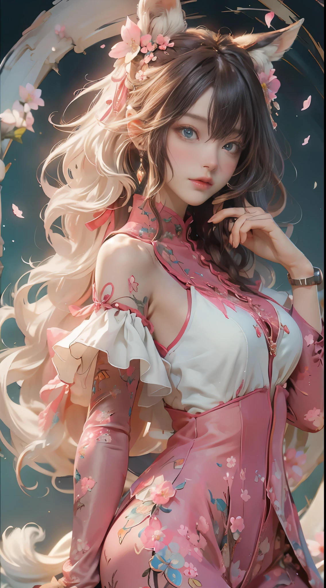 ((best quality)), ((master piece)), (detailed:1.4), beautiful cyberpunk woman image,HDR(high dynamic range),ray tracing,NVIDIA RTX,super resolution,fantasy 5,Scattered beneath the surface,PBR texture,Post-processing,anisotropic filtering,Depth of bounds written,Maximum clarity and sharpness,multilayer texture,Albedo and specular maps,surface coloring,Accurate simulation of honey-material interactions,perfectly proportioned,Rendering with Octane,two color light,Large Diameter,Low ISO,White balance,rule 3 points、8K raw data、Beautiful bright blue pupils,off shoulder clothes,fine student,delicate face and eyes,long eyelashes,blush,delicate and fluffy hair,pink lip,Pure,cute face,sweet girl,artistic sense,casual wear,pink clothes, Advanced Sense,butterfly,cherry blossom petals,beautiful hair accessories,long hair and waist,hair blowing in the wind,blonde ,Snow-white fox ears,curly,Snow-white fluffy tail,positive light,The light from the rear window is backlit.