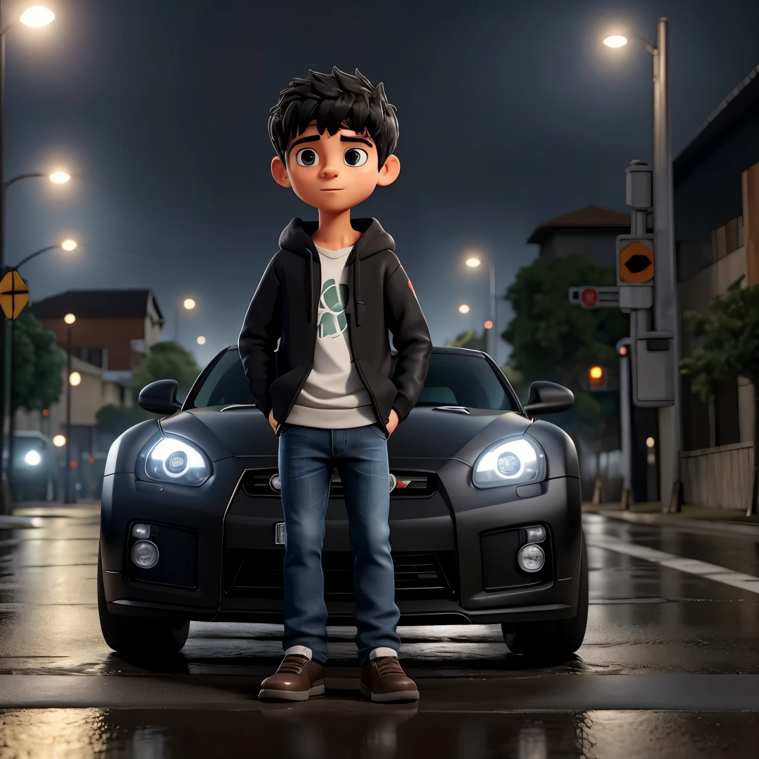 Descreva a cena de um jovem com capuz, wearing a black sweatshirt and jeans, standing on the sidewalk on a rainy night. He is looking at a shiny GTR R35 car passing on the road., Your admiration visible in your eyes. The light from the headlights reflects in the puddles of water and the name Oferta Fácil appears