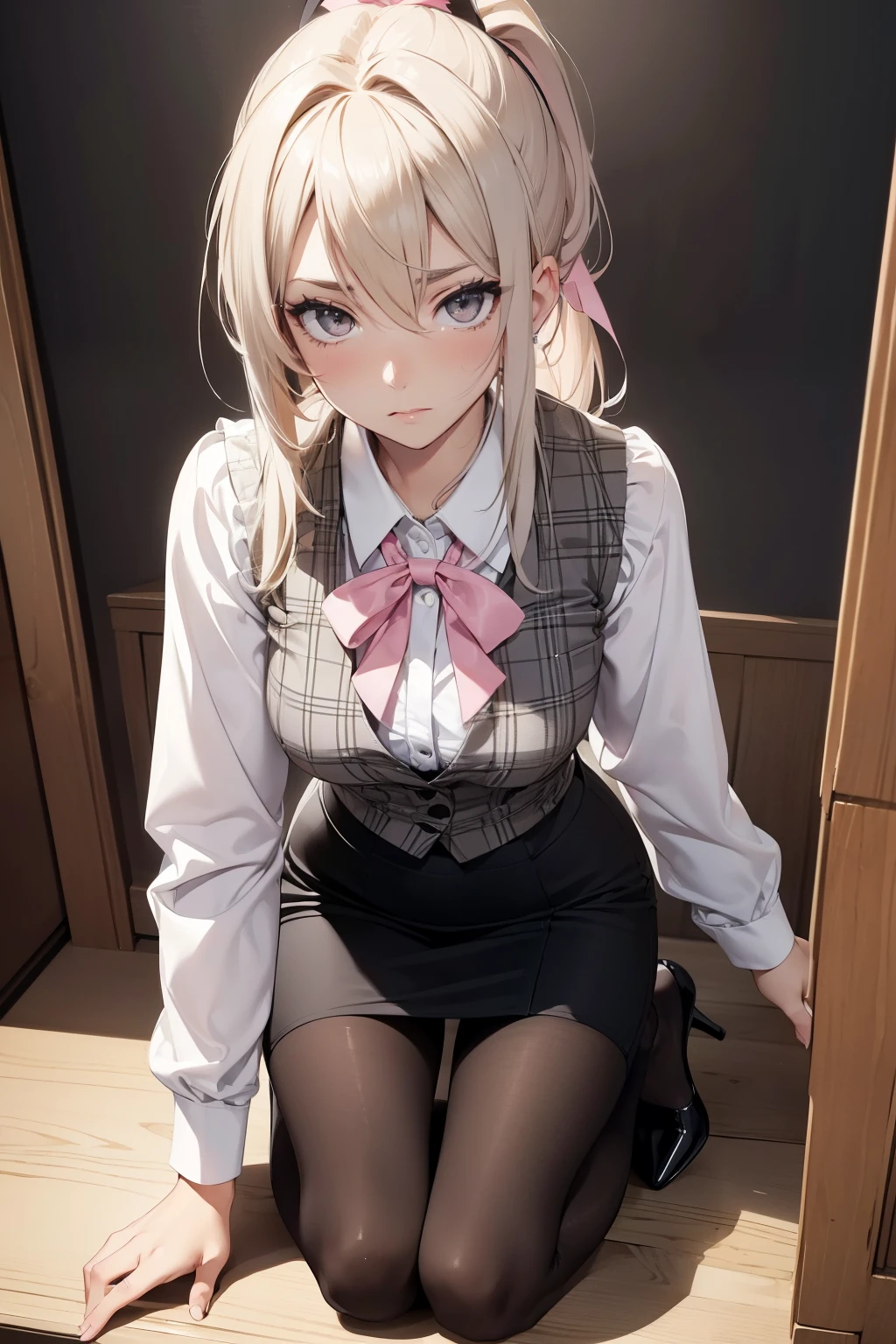 (best quality, 4k, 8k, highres, masterpiece:1.2), ultra-detailed, detailed face, detailed lips and eyes, anime style,
BREAK
Valerie the Thief beautiful caucasian woman with messy wavy shoulder length blonde hair, 23 years old, ((big eyes)), (brown eyes:1.3), brown eyebrows, fair skin, lean and athletic, attractive appearance, expressive face, beautiful hair tied in ponytail,
BREAK
(white and gray theme:1.3), (wearing a [[white and gray plaid pattern]] vest over a long sleeve white collared-shirt:1.4), (buttoned gray vest:1.2),
BREAK
(pink theme:1.2), (pink ribbon bow:1.3),
BREAK
(black theme:1.4), (tight black pencil skirt:1.5), (pantyhose:1.3), (high heels:1.1),
BREAK
detailed perfect fingers, detailed perfect hands, detailed perfect face, intense blushing, (solo:1.2),
BREAK
standing in front of desk, (1 Adult female), A high resolution, Sharp focus, Pixiv masterpiece, highly  detailed, 1 woman, Defeat, crestfallen, full body, kneels on the ground, embarressed, exhilarated, is shocked, worry, (A gesture of pleading), closed eyes, perspire, from above, dutch angle
