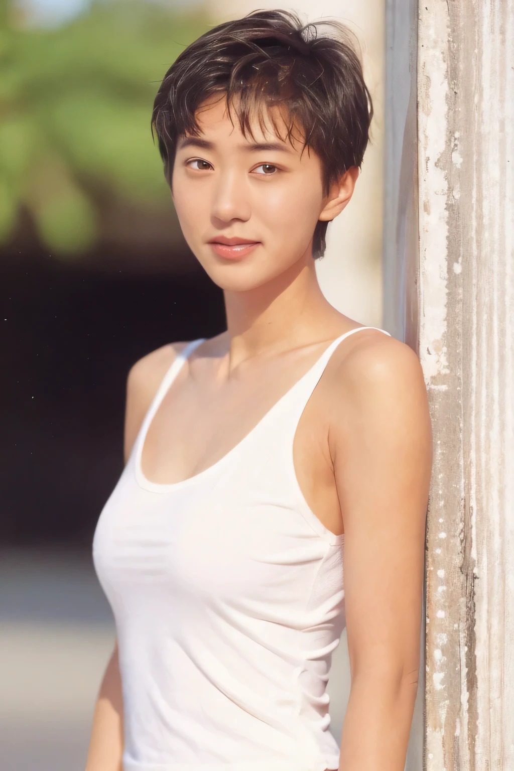 ((highest quality、8K resolution、master masterpiece、portrait:1.3)), Photoreal, 35mm film, 1 Japanese female,Beautiful woman, On the street in the daytime, wrinkles around the eyes, plump body,boyish_pixie cut,((Tank top:1.3)) , (outdoor_city street: 1.3), jumbled background,look at the audience