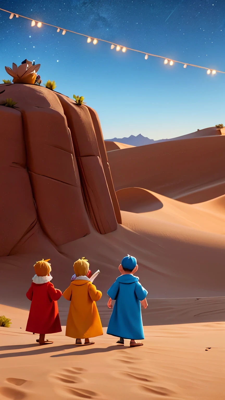 three old kings wearing robes walking towards the horizon in the desert at night with a bright star in the sky just like the Disney Pixar films