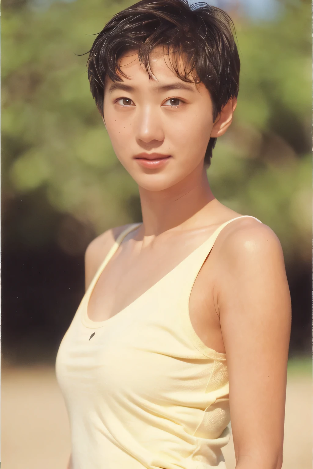 ((highest quality、8K resolution、master masterpiece、portrait:1.3)), Photoreal, 35mm film, 1 Japanese female,Beautiful woman, On the street in the daytime, wrinkles around the eyes, plump body,boyish_pixie cut,((Tank top:1.3)) , (outdoor_city street: 1.3), jumbled background,look at the audience