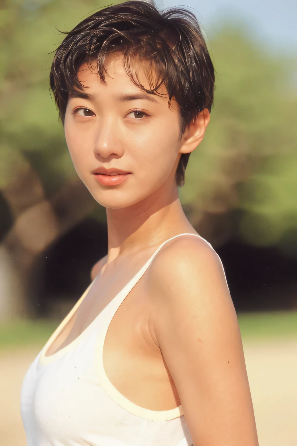 ((highest quality、8K resolution、master masterpiece、portrait:1.3)), Photoreal, 35mm film, 1 Japanese female,Beautiful woman, On the street in the daytime, wrinkles around the eyes, plump body,boyish_pixie cut,((Tank top:1.3)) , (outdoor_city street: 1.3), jumbled background,look at the audience