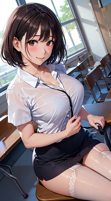 ((table top, highest quality, High resolution, nffsw, perfect pixel, 4K, nffsw, nffsw,35 years old))), 1 girl, single, alone, beautiful woman、I could see the whole body、 ((short bob hair, bangs, brown hair)), ((brown eyes, beautiful eyelashes, realistic eyes)), ((detailed face, blush:1.2)), ((smooth texture:0.75, realistic texture:0.65, realistic:1.1, Anime CG style)), medium breasts, dynamic angle, perfect body, ((black bunny ears、White short-sleeved shirt with open front、、plaid skirt、garter stockings、high heels、Kamimei)), classroom without people、sit at desk、、、evening、、、Very embarrassing panic smile、soft breasts、(、、open both legs、lace panties)、